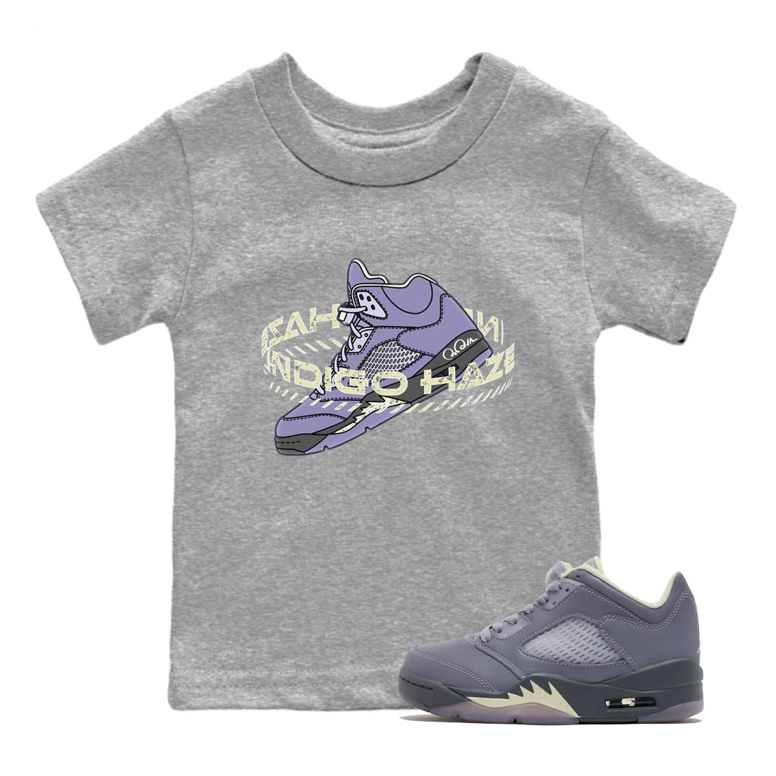 Air Jordan 5 Indigo Haze Sneaker Match Tees Warping Space Sneaker Tees AJ5 Indigo Haze Sneaker Release Tees Kids Shirts Heather Grey 1