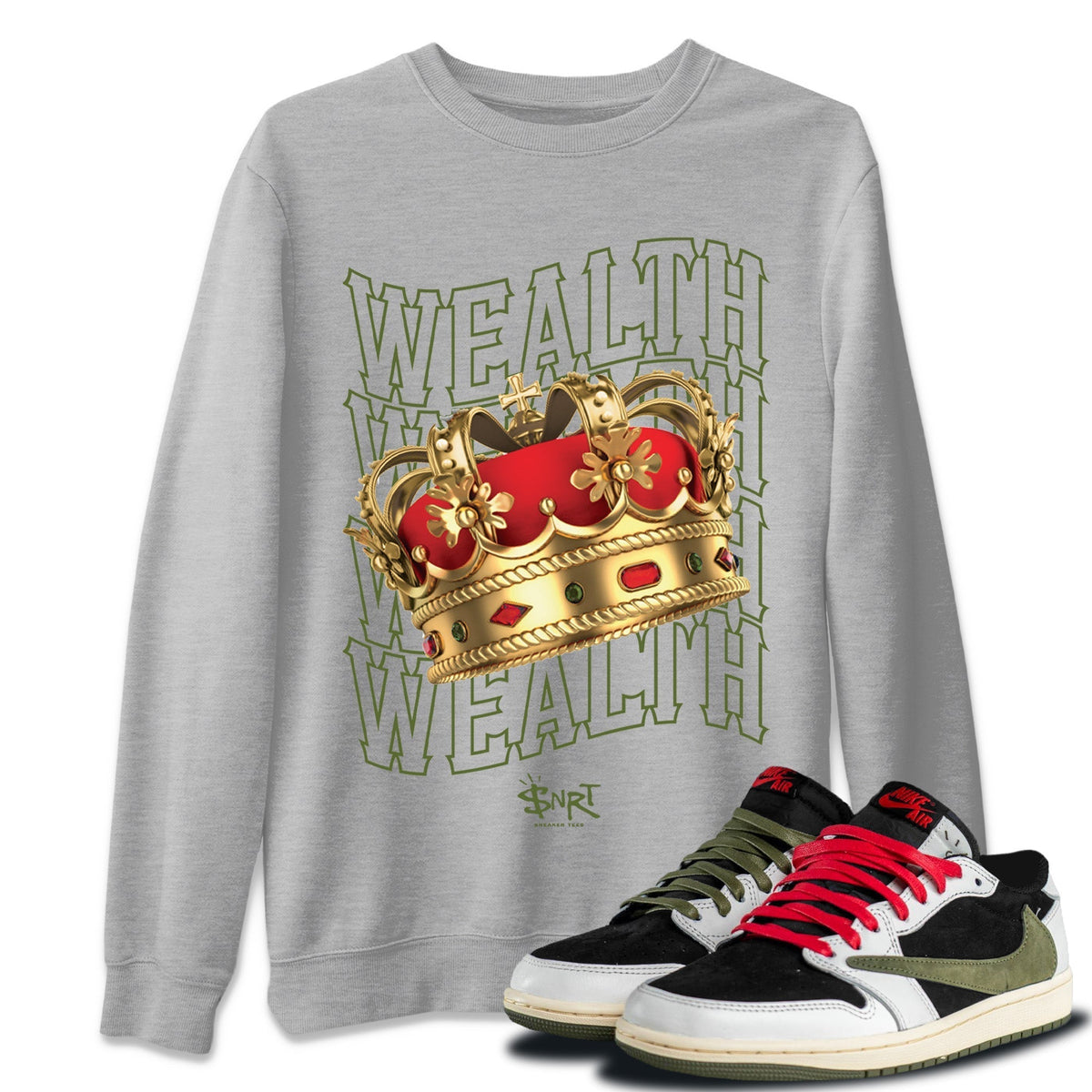 Jordan 1 Travis Scott Olive Sneaker Tees Drip Gear Zone Wealth Sneaker Tees Jordan 1 Travis Scott Olive Shirt Unisex Shirts