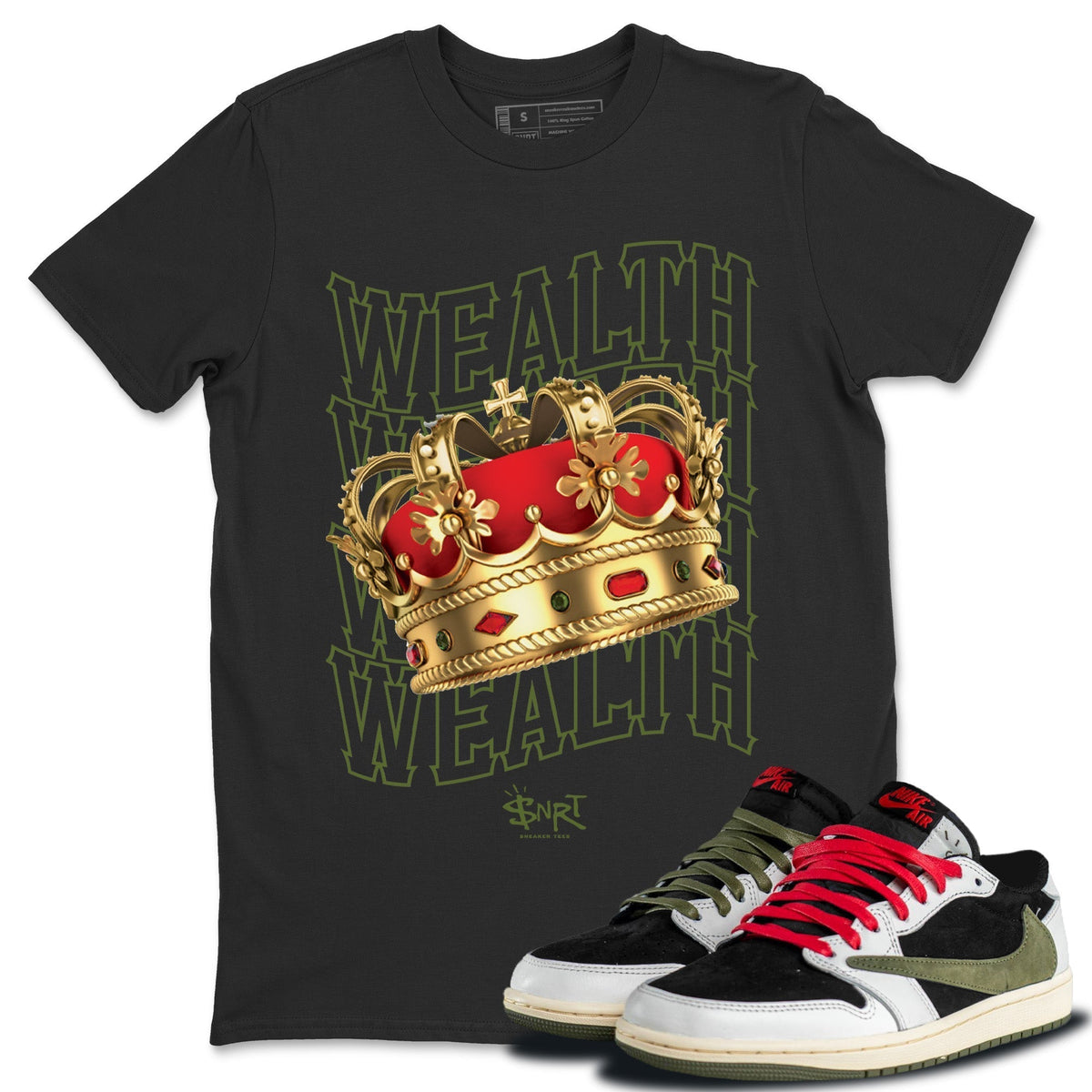 Jordan 1 Travis Scott Olive Sneaker Tees Drip Gear Zone Wealth Sneaker Tees Jordan 1 Travis Scott Olive Shirt Unisex Shirts