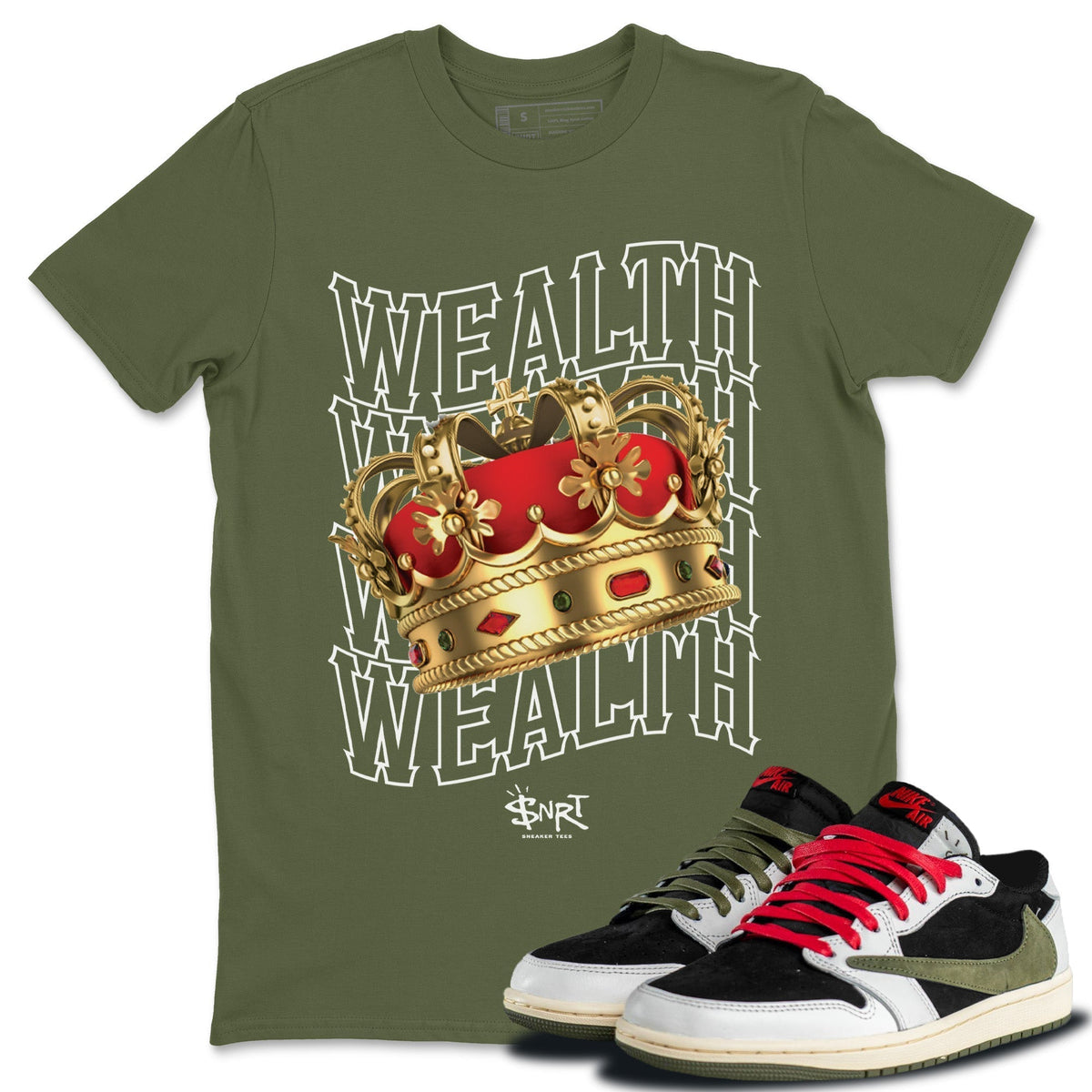 Jordan 1 Travis Scott Olive Sneaker Tees Drip Gear Zone Wealth Sneaker Tees Jordan 1 Travis Scott Olive Shirt Unisex Shirts