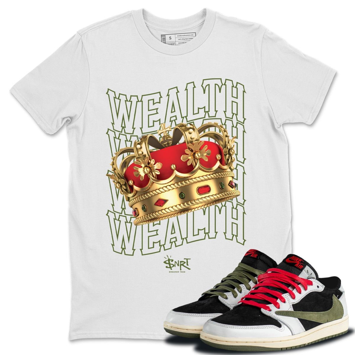 Jordan 1 Travis Scott Olive Sneaker Tees Drip Gear Zone Wealth Sneaker Tees Jordan 1 Travis Scott Olive Shirt Unisex Shirts