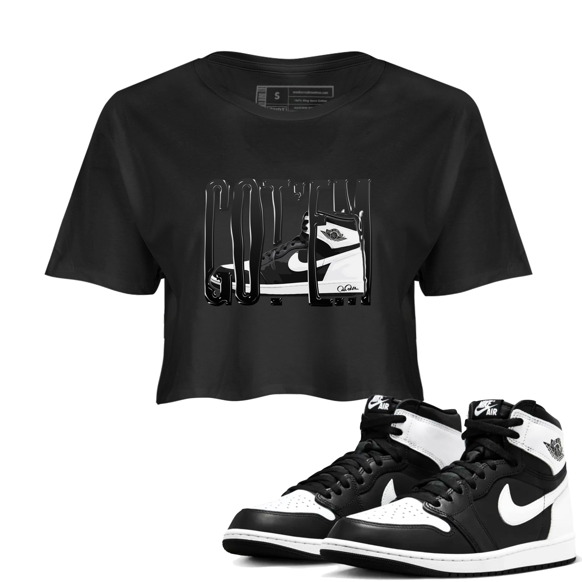 1s Black White shirt to match jordans Wiggling Gotem sneaker tees Air Jordan 1 High OG Black White Drip Gear Zone Black 1 crop length shirt