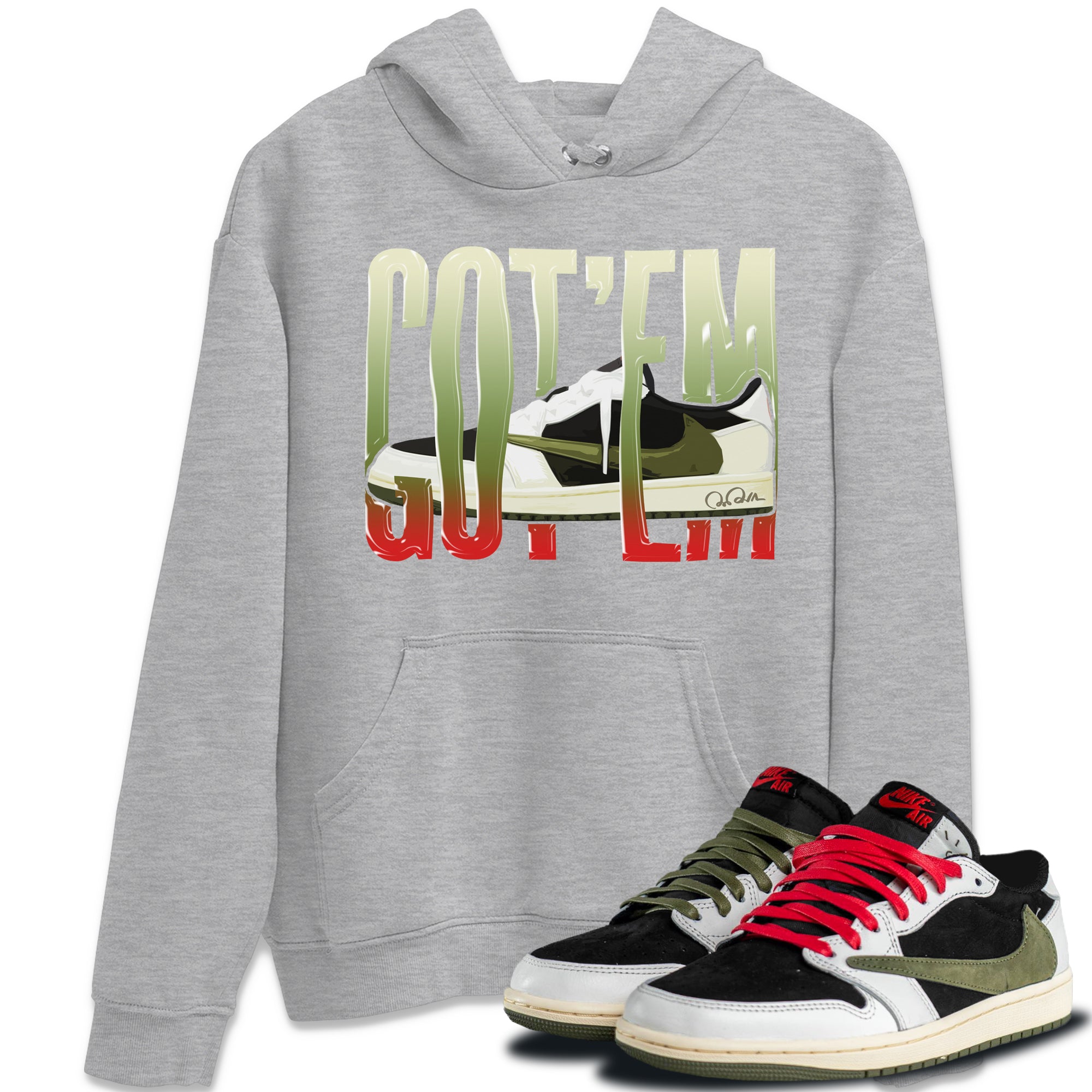 Air Jordan 1 Travis Scott Olive Sneaker Match Tees Wiggling Gotem Streetwear Sneaker Shirt AJ1 OG Travis Scott Olive Sneaker Release Tees Unisex Shirts Heather Grey 1