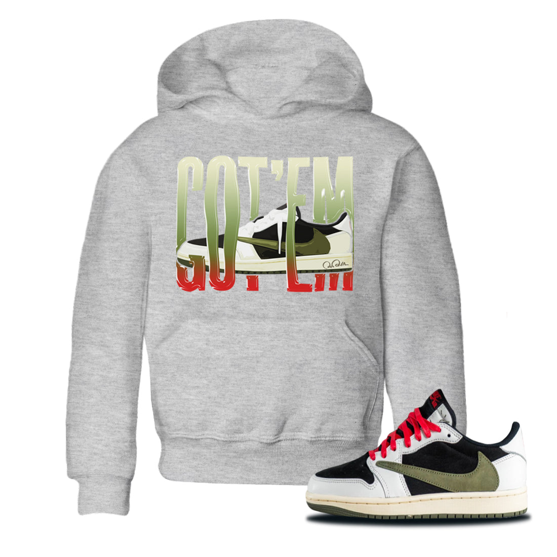 Air Jordan 1 Travis Scott Olive Sneaker Match Tees Wiggling Gotem Streetwear Sneaker Shirt AJ1 OG Travis Scott Olive Sneaker Release Tees Kids Shirts Heather Grey 1