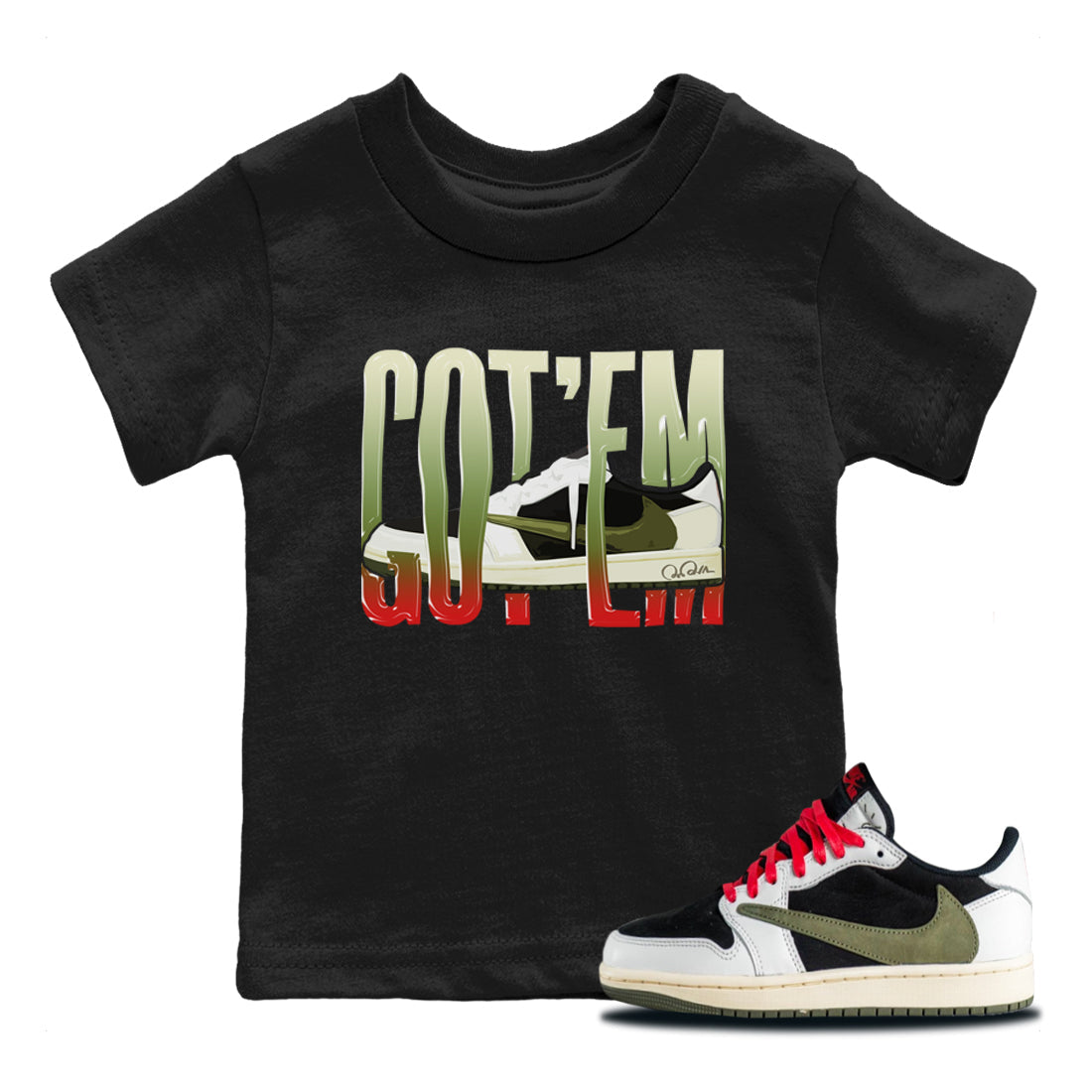 Air Jordan 1 Travis Scott Olive Sneaker Match Tees Wiggling Gotem Streetwear Sneaker Shirt AJ1 OG Travis Scott Olive Sneaker Release Tees Kids Shirts Black 1