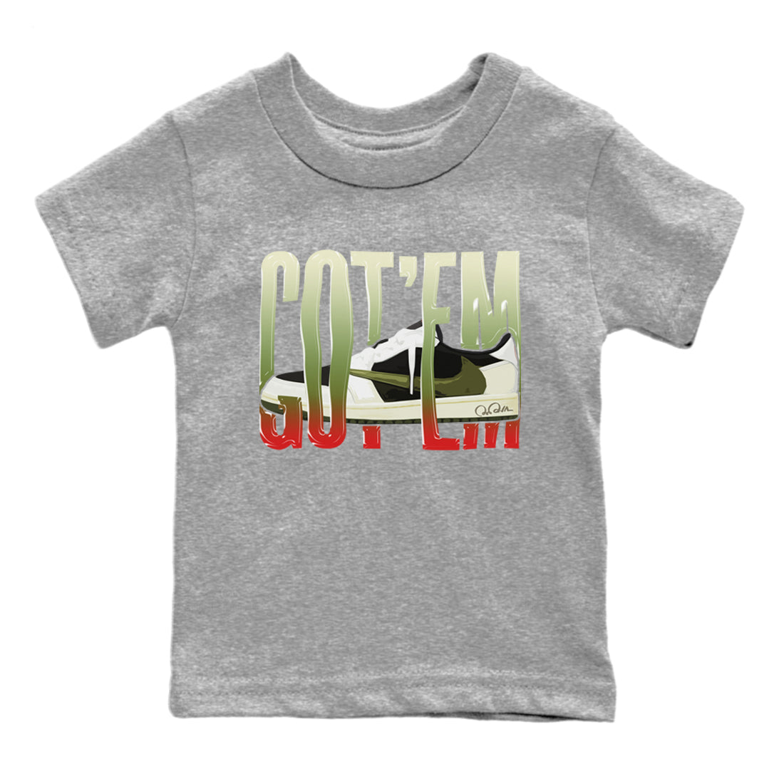 Air Jordan 1 Travis Scott Olive Sneaker Match Tees Wiggling Gotem Streetwear Sneaker Shirt AJ1 OG Travis Scott Olive Sneaker Release Tees Kids Shirts Heather Grey 2