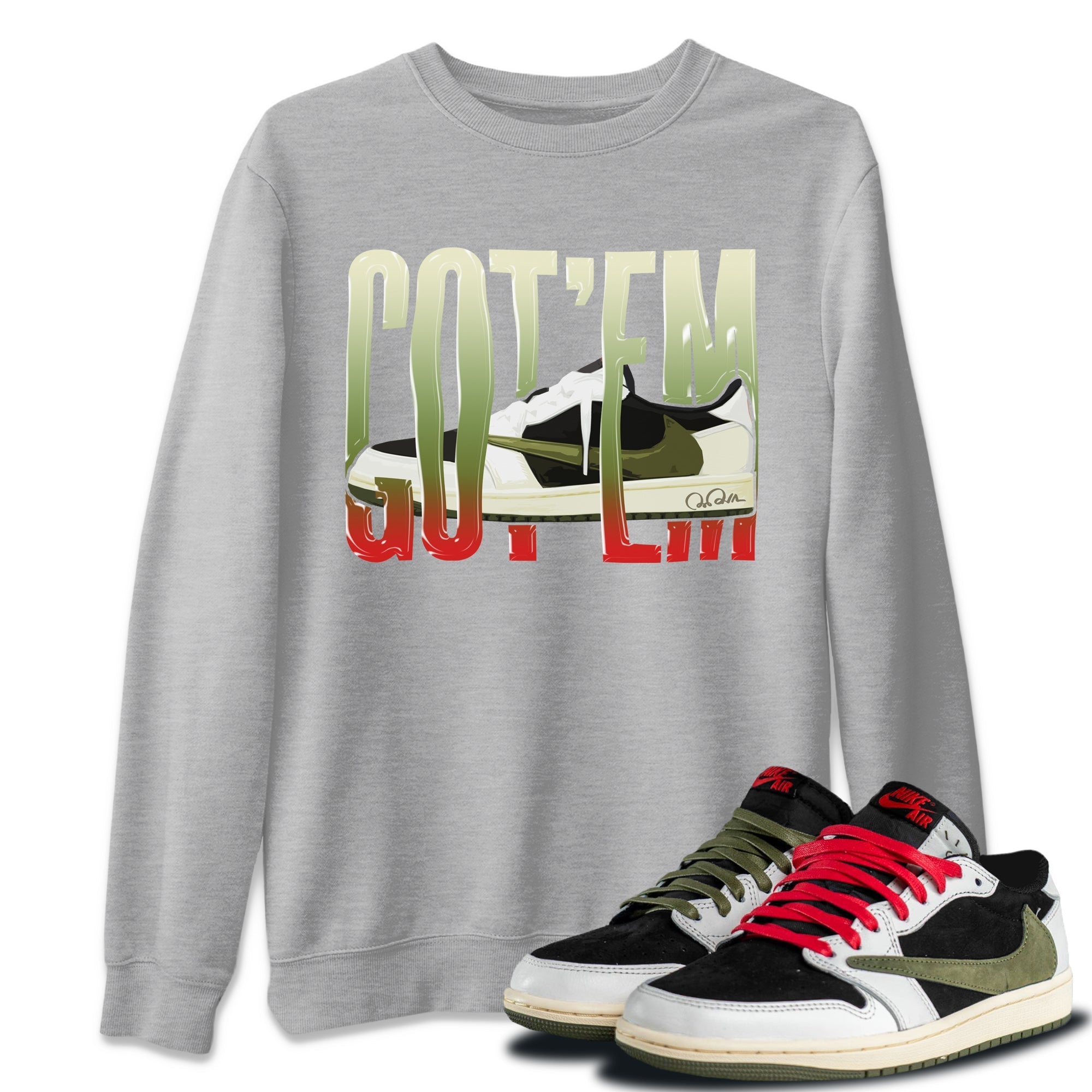 Air Jordan 1 Travis Scott Olive Sneaker Match Tees Wiggling Gotem Streetwear Sneaker Shirt AJ1 OG Travis Scott Olive Sneaker Release Tees Unisex Shirts Heather Grey 1