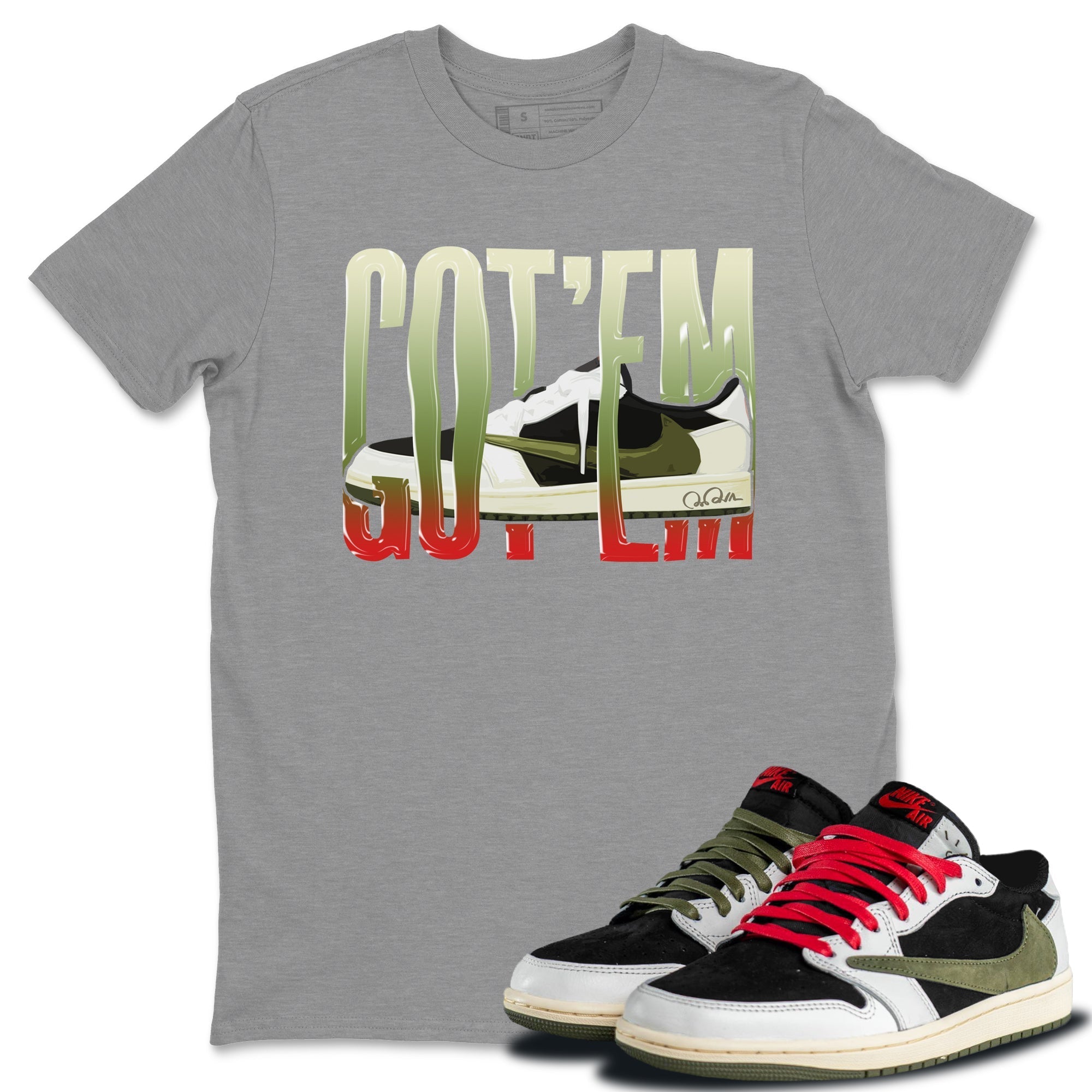 Air Jordan 1 Travis Scott Olive Wiggling Gotem Crew Neck Streetwear Sneaker Shirt AJ1 OG Travis Scott Olive Sneaker T-Shirts Size Chart