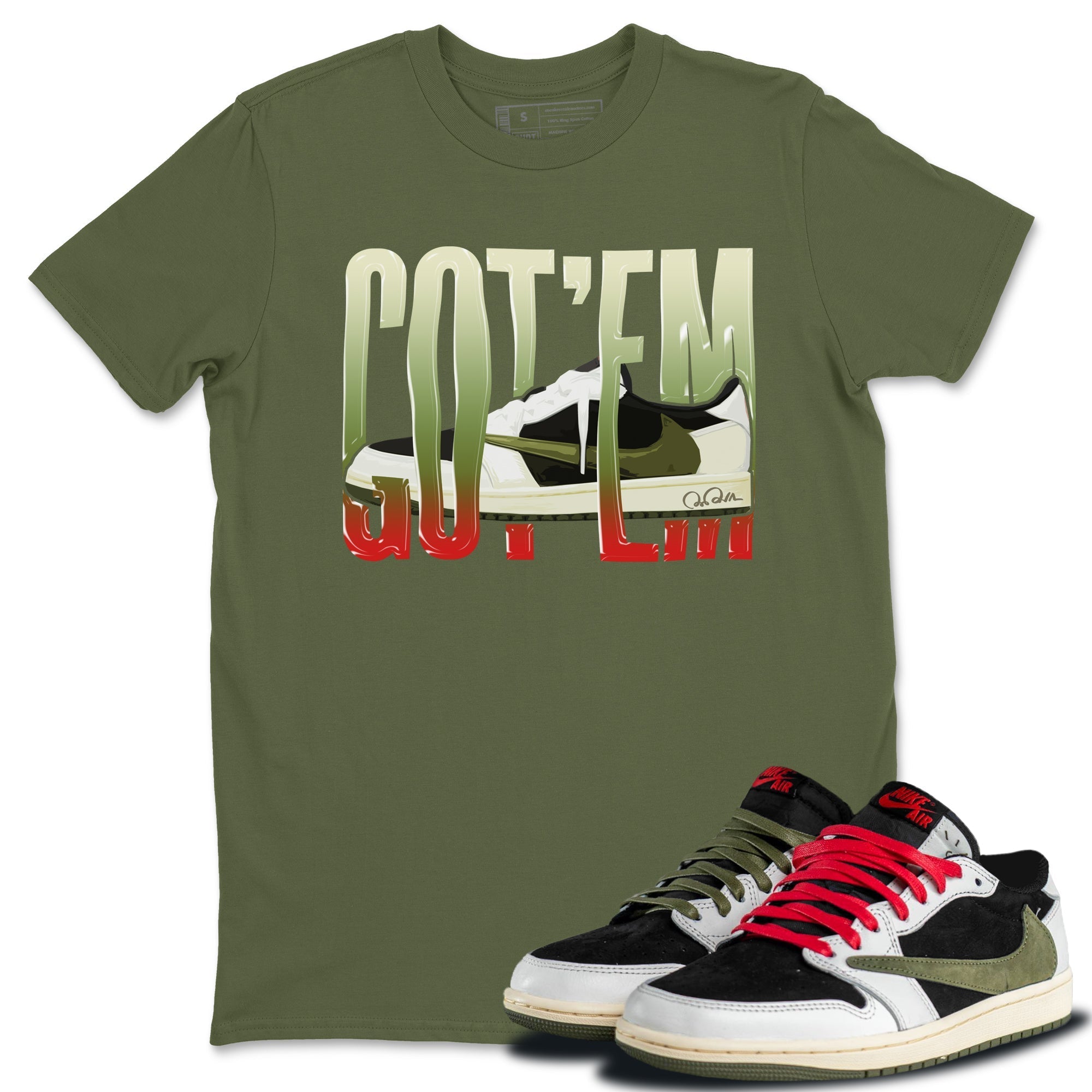 Air Jordan 1 Travis Scott Olive Wiggling Gotem Crew Neck Streetwear Sneaker Shirt AJ1 OG Travis Scott Olive Sneaker T-Shirts Washing and Care Tip