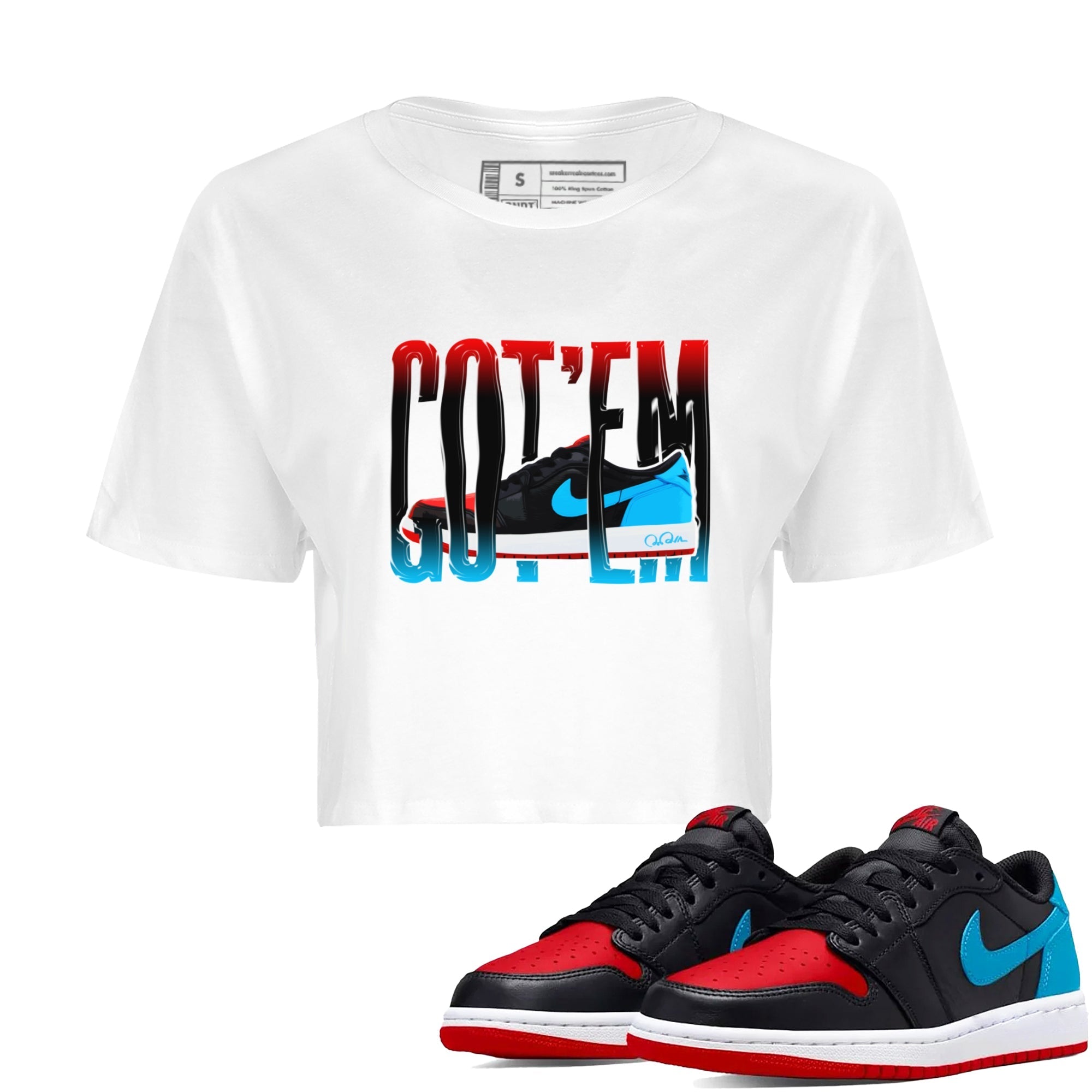Air Jordan 1 UNC to Chicago Sneaker Match Tees Wiggling Gotem Streetwear Sneaker Shirt AJ1 UNC to Chicago Sneaker Release Tees Women's Shirts White 1