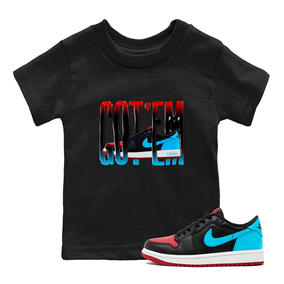 Air Jordan 1 UNC to Chicago Sneaker Match Tees Wiggling Gotem Streetwear Sneaker Shirt AJ1 UNC to Chicago Sneaker Release Tees Kids Shirts Black 1
