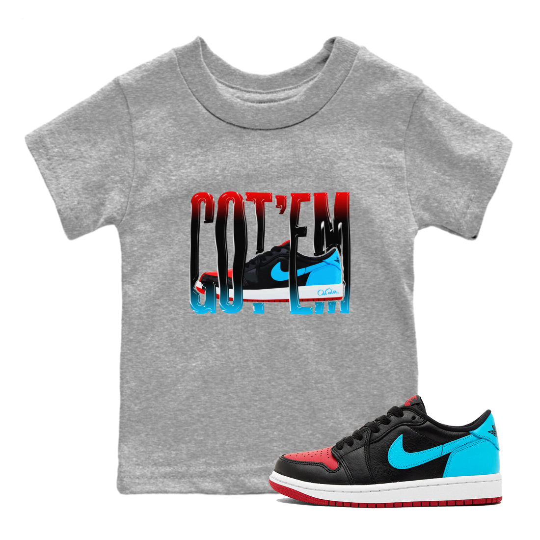 Air Jordan 1 UNC to Chicago Sneaker Match Tees Wiggling Gotem Streetwear Sneaker Shirt AJ1 UNC to Chicago Sneaker Release Tees Kids Shirts Heather Grey 1