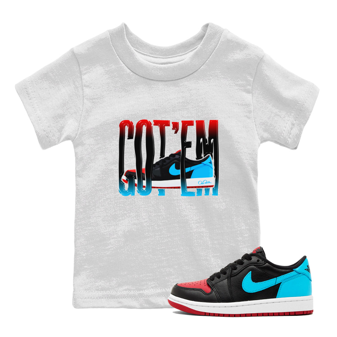 Air Jordan 1 UNC to Chicago Sneaker Match Tees Wiggling Gotem Streetwear Sneaker Shirt AJ1 UNC to Chicago Sneaker Release Tees Kids Shirts White 1