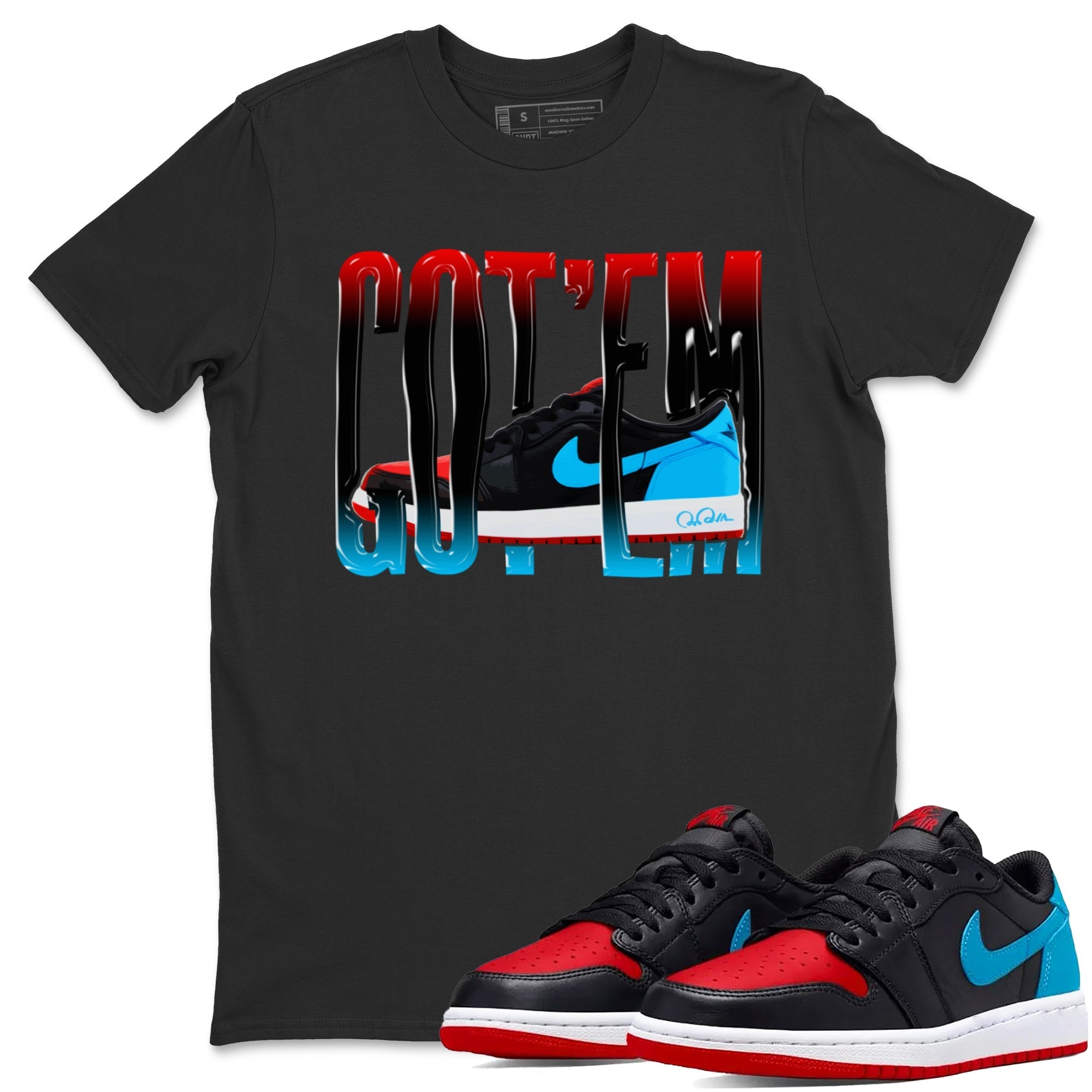 Air Jordan 1 UNC to Chicago Sneaker Match Tees Wiggling Gotem Streetwear Sneaker Shirt AJ1 UNC to Chicago Sneaker Release Tees Unisex Shirts Black 1