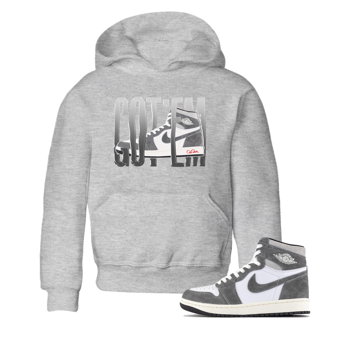 Air Jordan 1 Washed Heritage Sneaker Match Tees Wiggling Gotem Streetwear Sneaker Shirt AJ1 Washed Heritage Sneaker Release Tees Kids Shirts Heather Grey 1