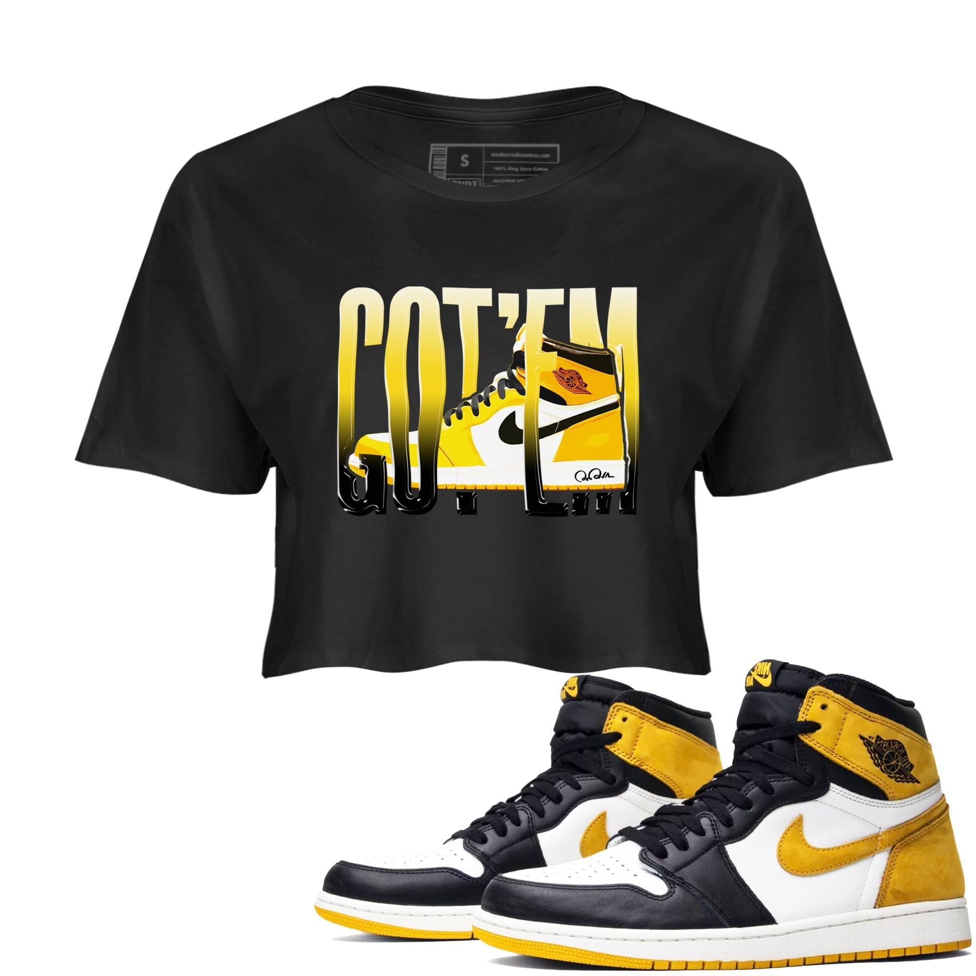 1s Yellow Ochre shirt to match jordans Wiggling Gotem sneaker tees streetwear brand Air Jordan 1 Yellow Ochre Drip Gear Zone Brand Black 1 crop length shirt