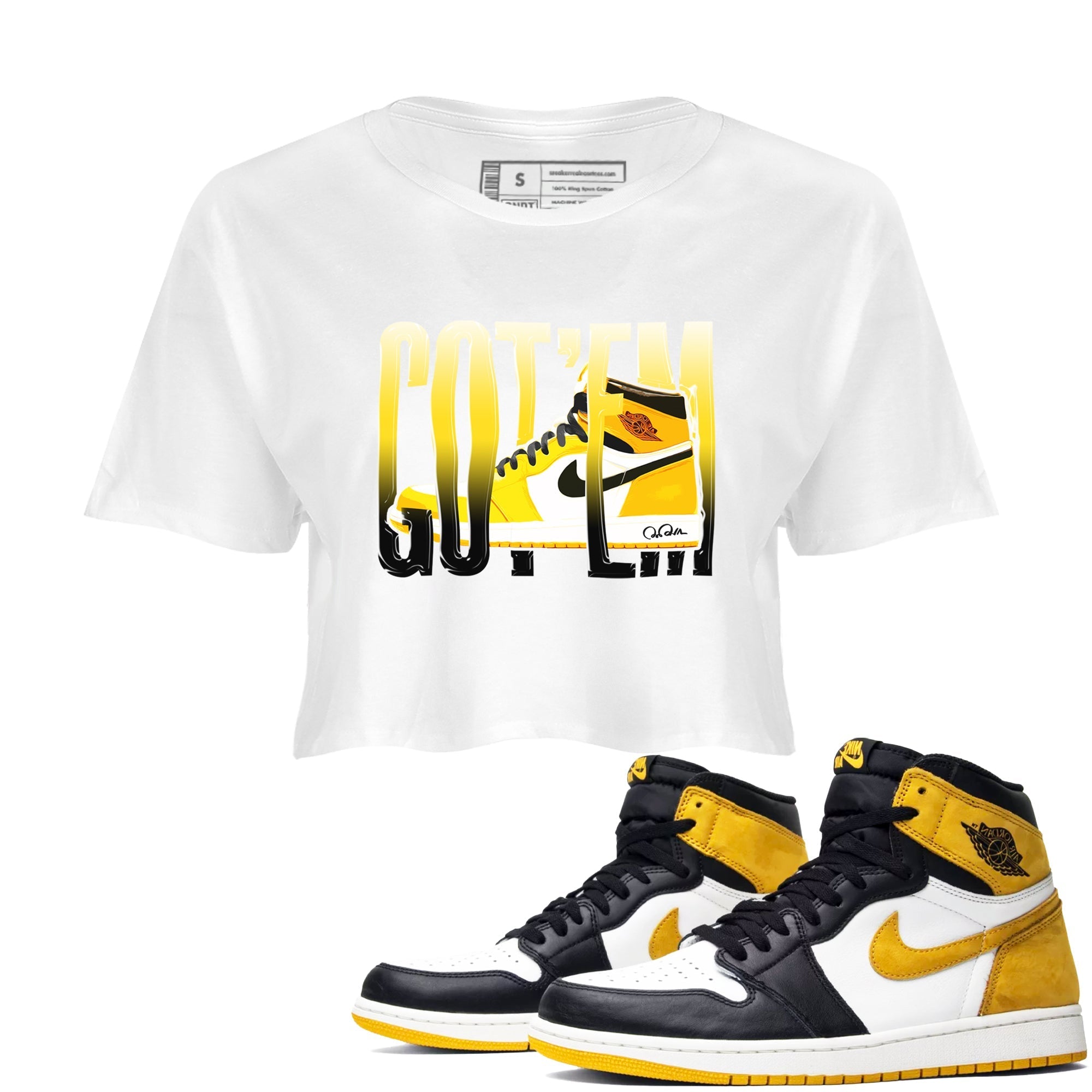 1s Yellow Ochre shirt to match jordans Wiggling Gotem sneaker tees streetwear brand Air Jordan 1 Yellow Ochre Drip Gear Zone Brand White 1 crop length shirt