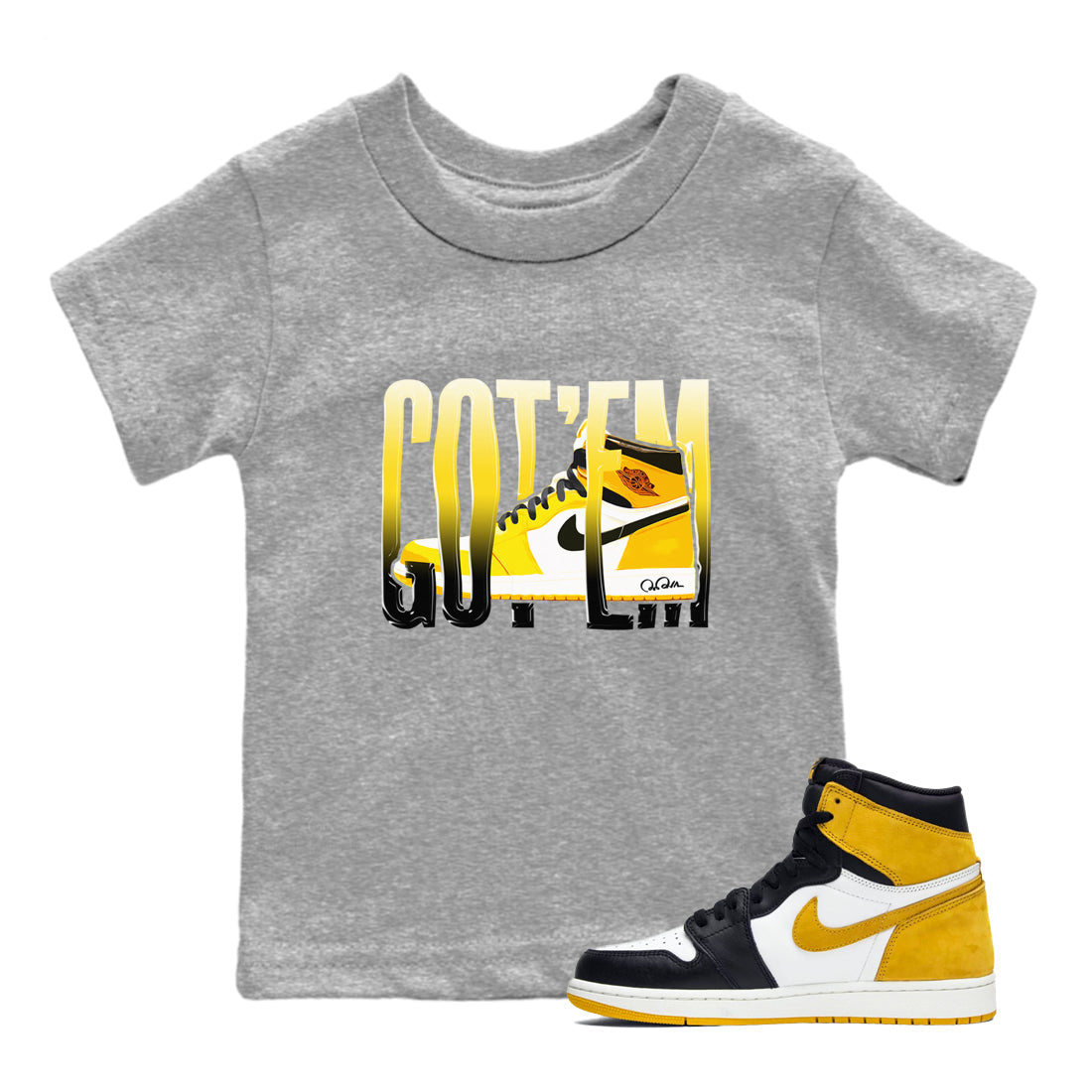 1s Yellow Ochre shirt to match jordans Wiggling Gotem sneaker tees streetwear brand Air Jordan 1 Yellow Ochre Drip Gear Zone Brand baby toddler Heather Grey 1 cotton Shirt