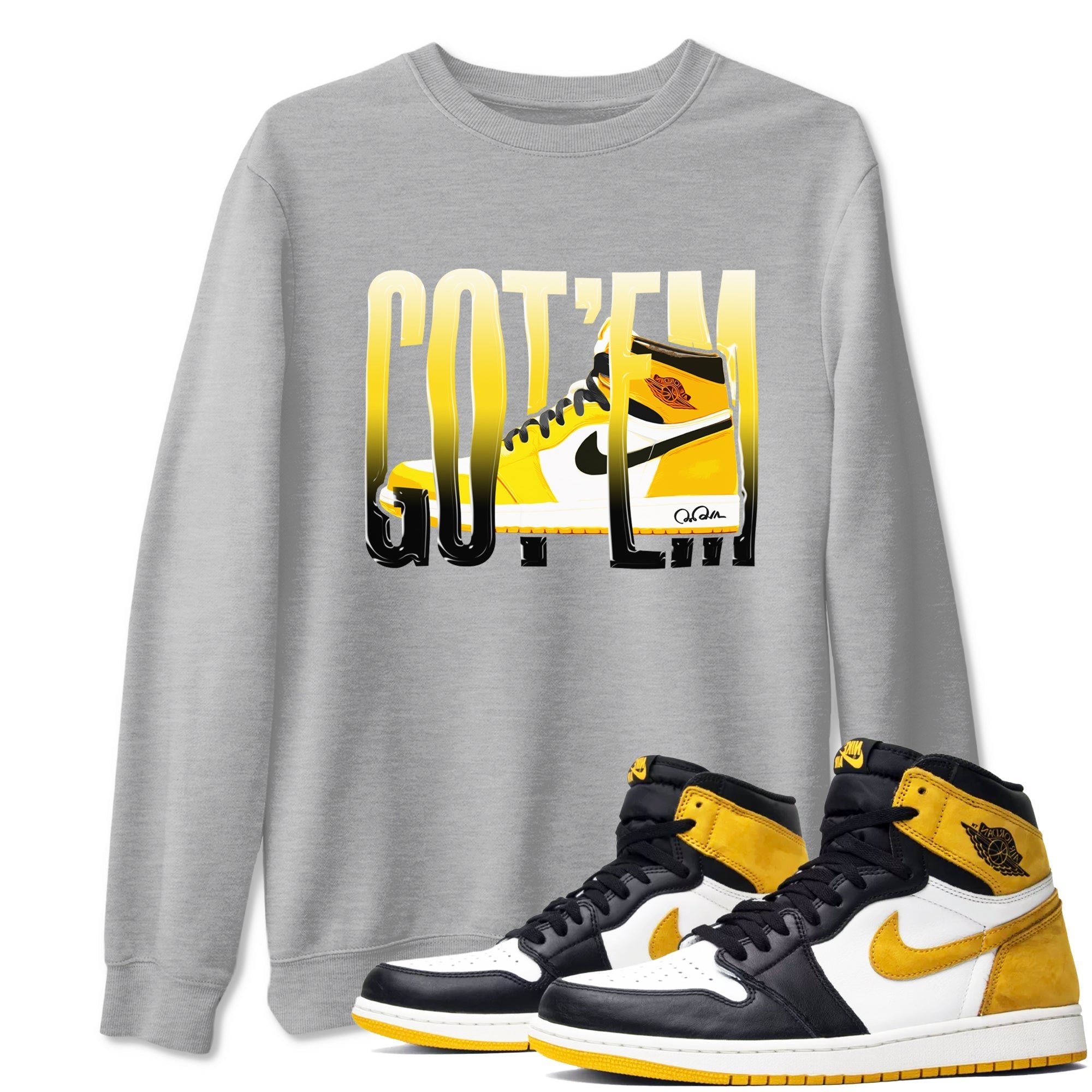 1s Yellow Ochre shirt to match jordans Wiggling Gotem sneaker tees streetwear brand Air Jordan 1 Yellow Ochre Drip Gear Zone Brand unisex cotton Heather Grey 1 crew neck shirt