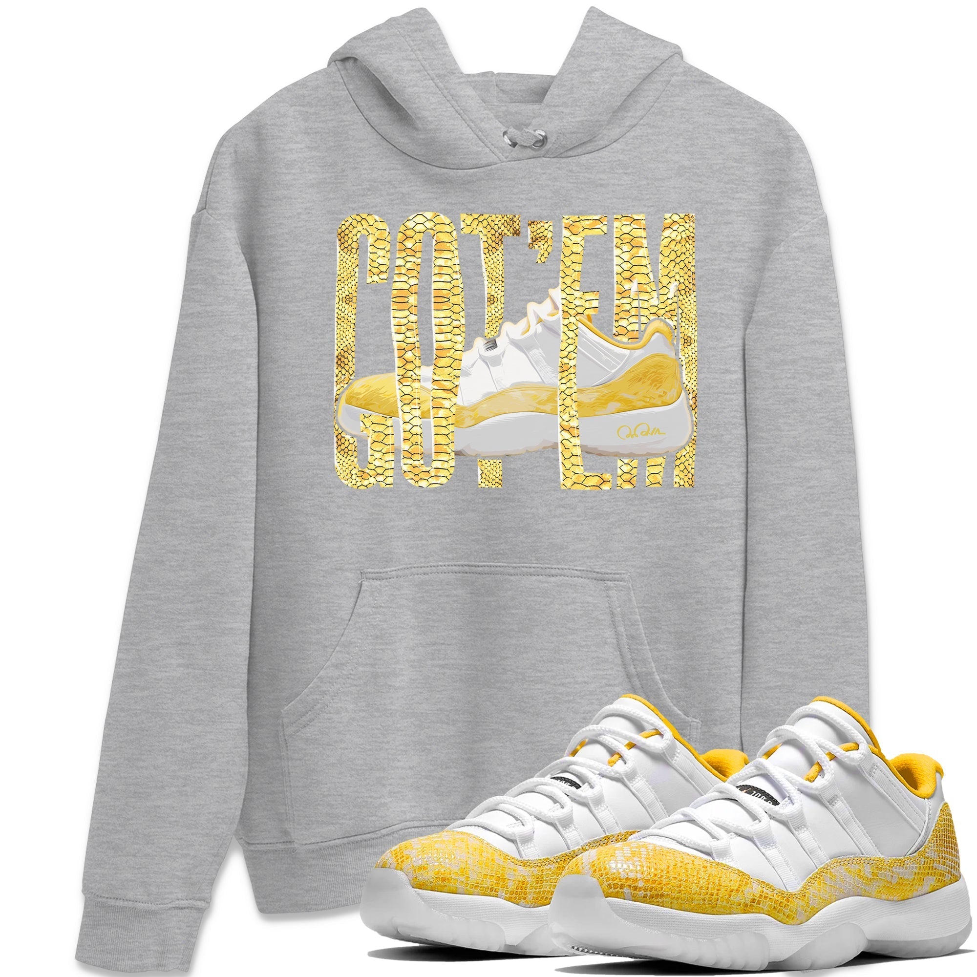 Air Jordan 11 Yellow Python Sneaker Match Tees Wiggling Gotem Streetwear Sneaker Shirt AJ11 Yellow Python Sneaker Release Tees Unisex Shirts Heather Grey 1