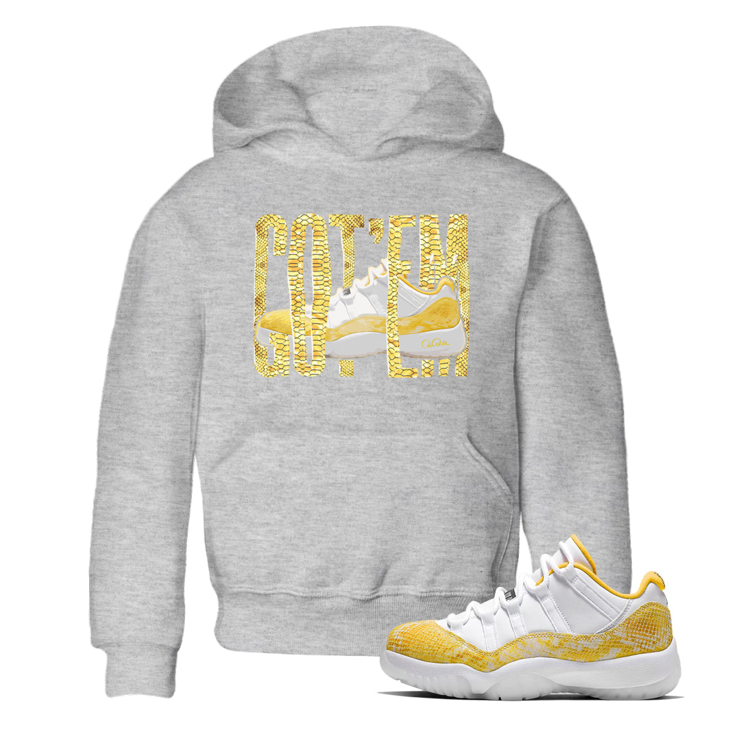 Air Jordan 11 Yellow Python Sneaker Match Tees Wiggling Gotem Streetwear Sneaker Shirt AJ11 Yellow Python Sneaker Release Tees Kids Shirts Heather Grey 1