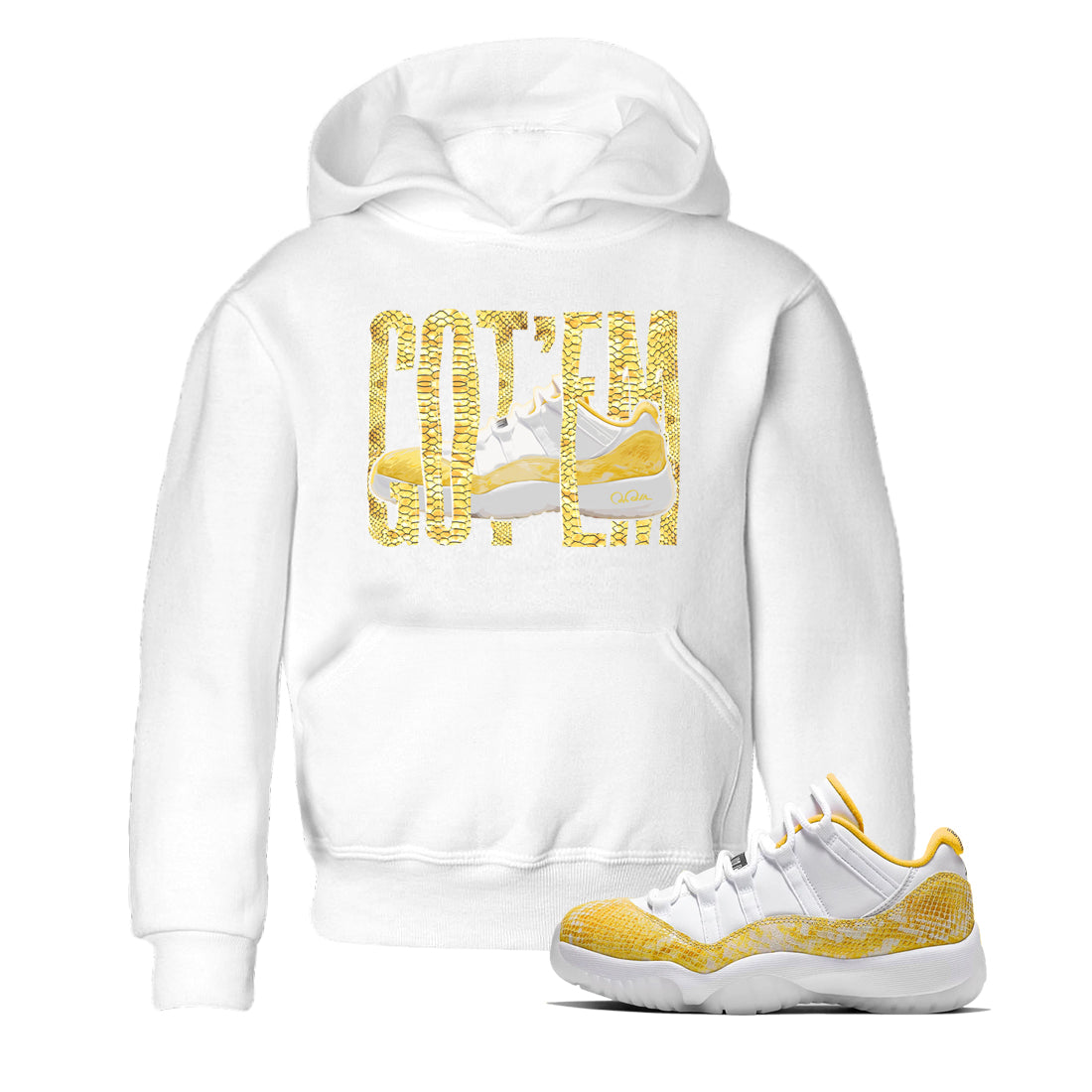 Air Jordan 11 Yellow Python Sneaker Match Tees Wiggling Gotem Streetwear Sneaker Shirt AJ11 Yellow Python Sneaker Release Tees Kids Shirts White 1