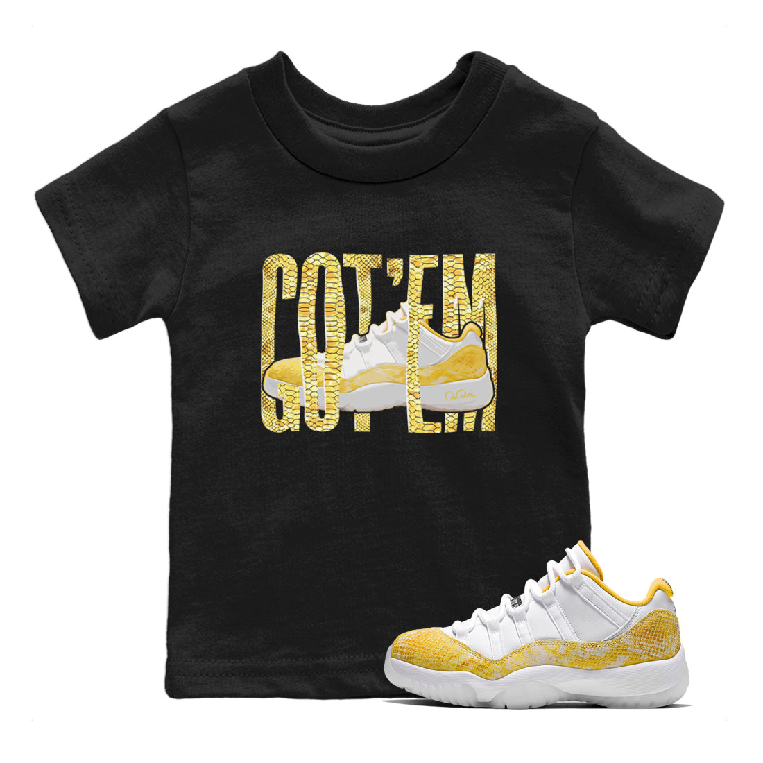 Air Jordan 11 Yellow Python Sneaker Match Tees Wiggling Gotem Streetwear Sneaker Shirt AJ11 Yellow Python Sneaker Release Tees Kids Shirts Black 1