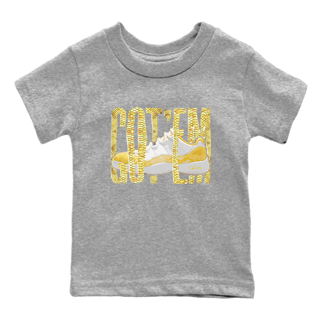 Air Jordan 11 Yellow Python Sneaker Match Tees Wiggling Gotem Streetwear Sneaker Shirt AJ11 Yellow Python Sneaker Release Tees Kids Shirts Heather Grey 2