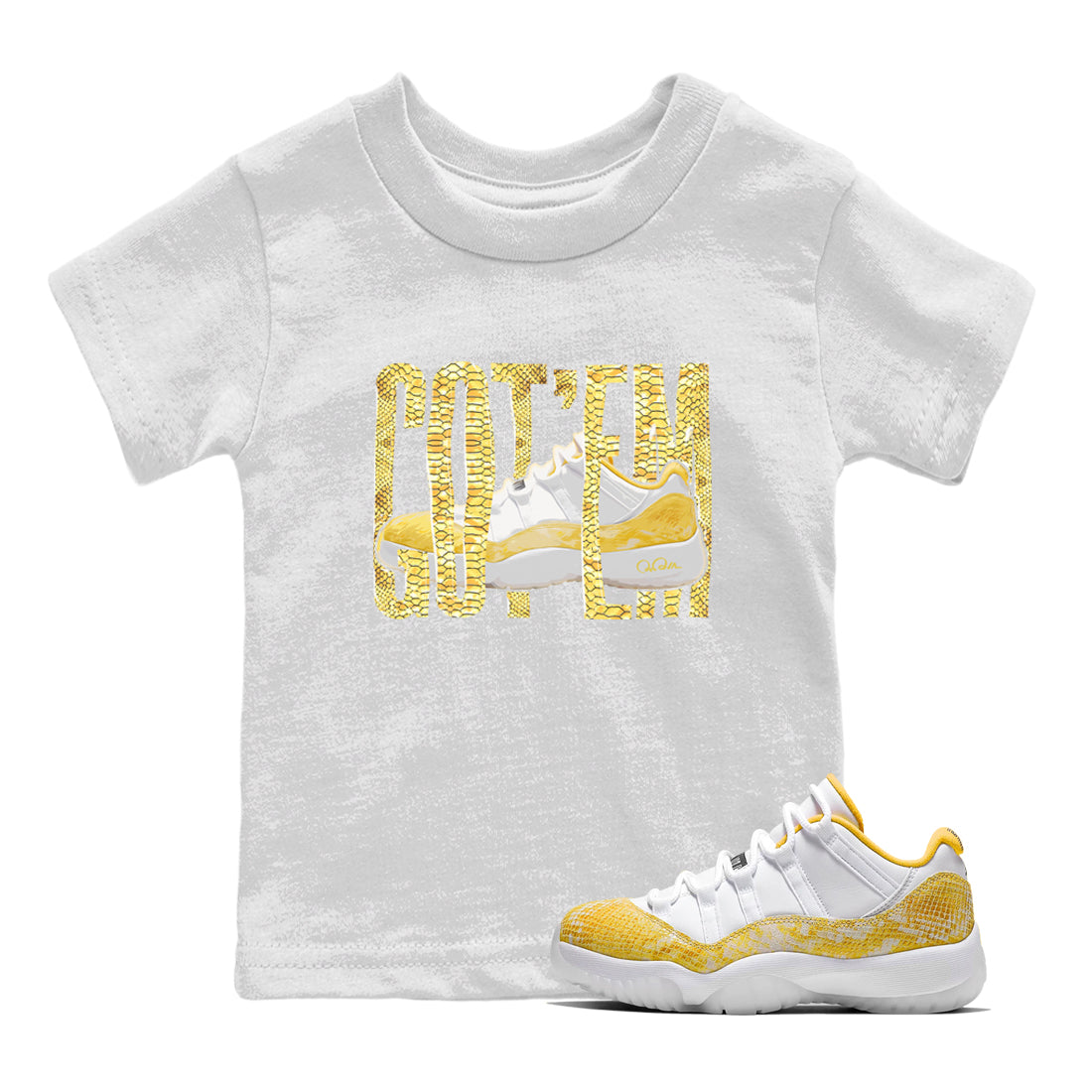 Air Jordan 11 Yellow Python Sneaker Match Tees Wiggling Gotem Streetwear Sneaker Shirt AJ11 Yellow Python Sneaker Release Tees Kids Shirts White 1