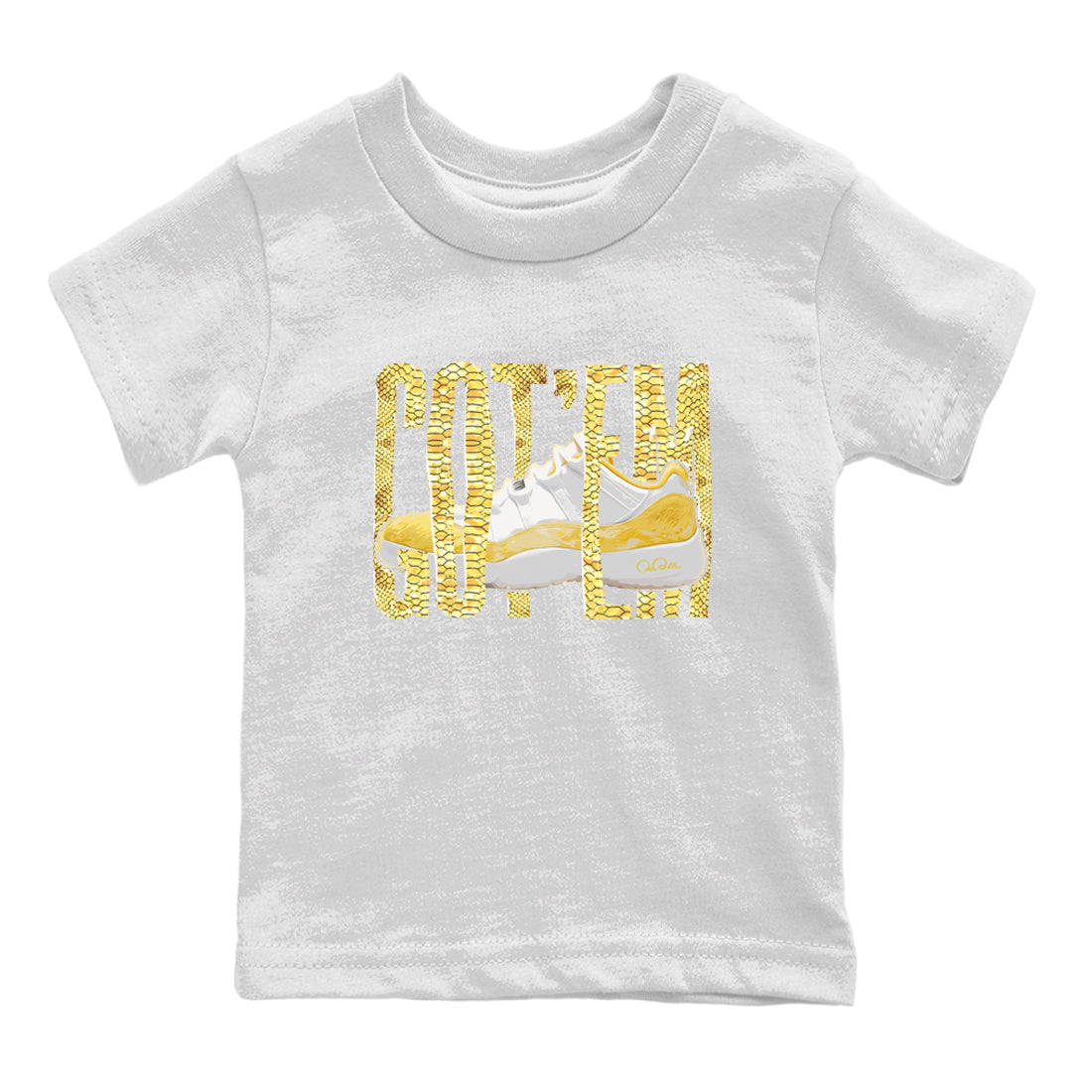 Air Jordan 11 Yellow Python Sneaker Match Tees Wiggling Gotem Streetwear Sneaker Shirt AJ11 Yellow Python Sneaker Release Tees Kids Shirts White 2