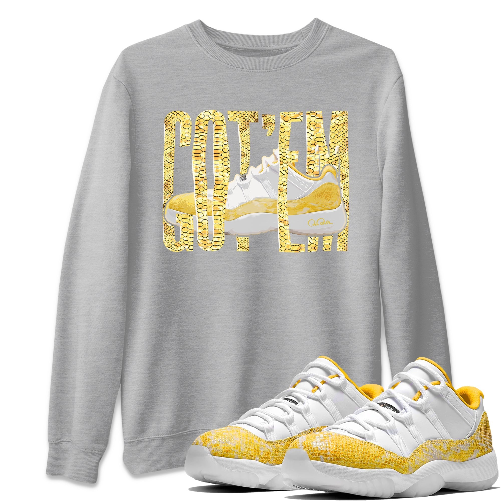 Air Jordan 11 Yellow Python Sneaker Match Tees Wiggling Gotem Streetwear Sneaker Shirt AJ11 Yellow Python Sneaker Release Tees Unisex Shirts Heather Grey 1