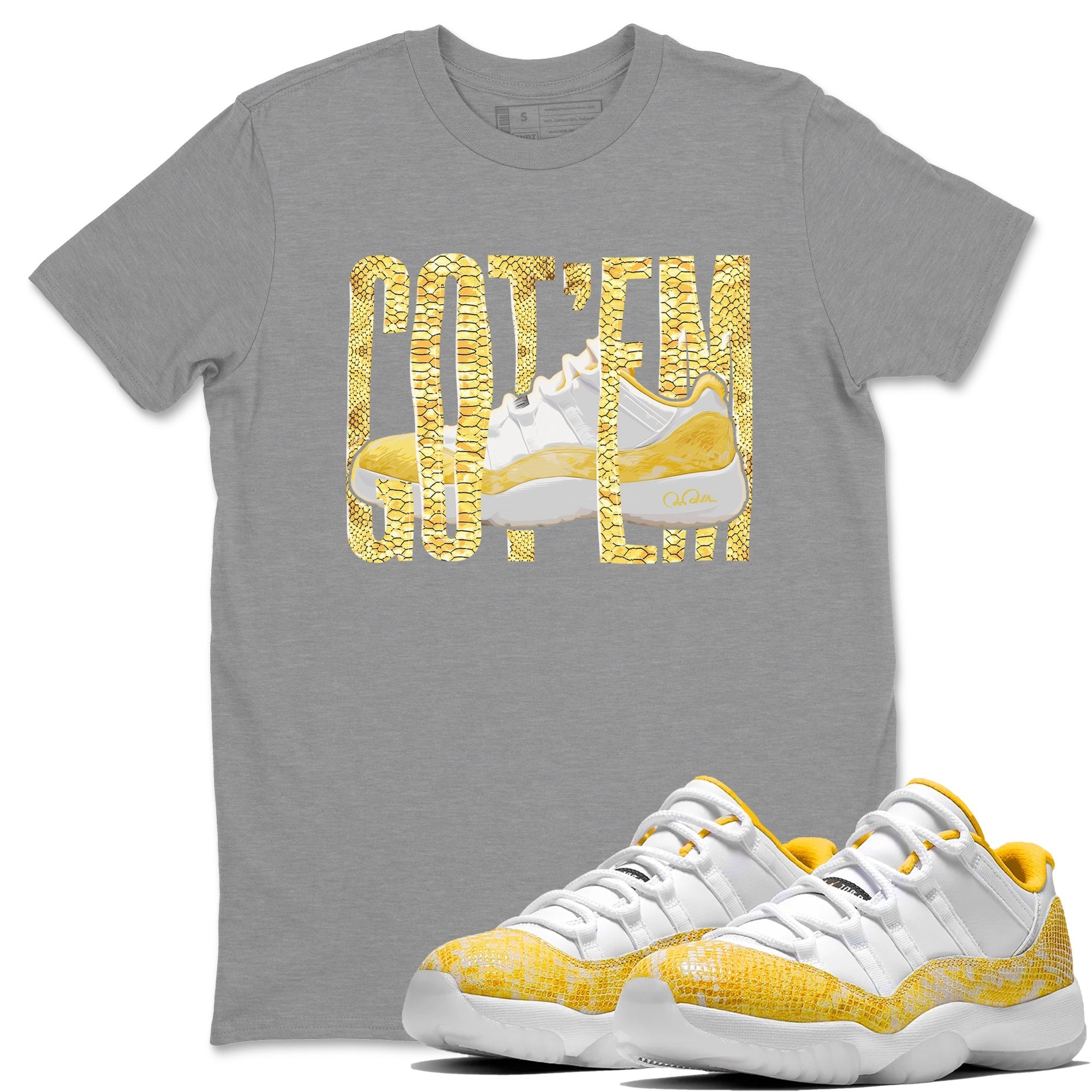 Air Jordan 11 Yellow Python Wiggling Gotem Crew Neck Streetwear Sneaker Shirt AJ 11 Yellow Python Sneaker T-Shirts Size Chart