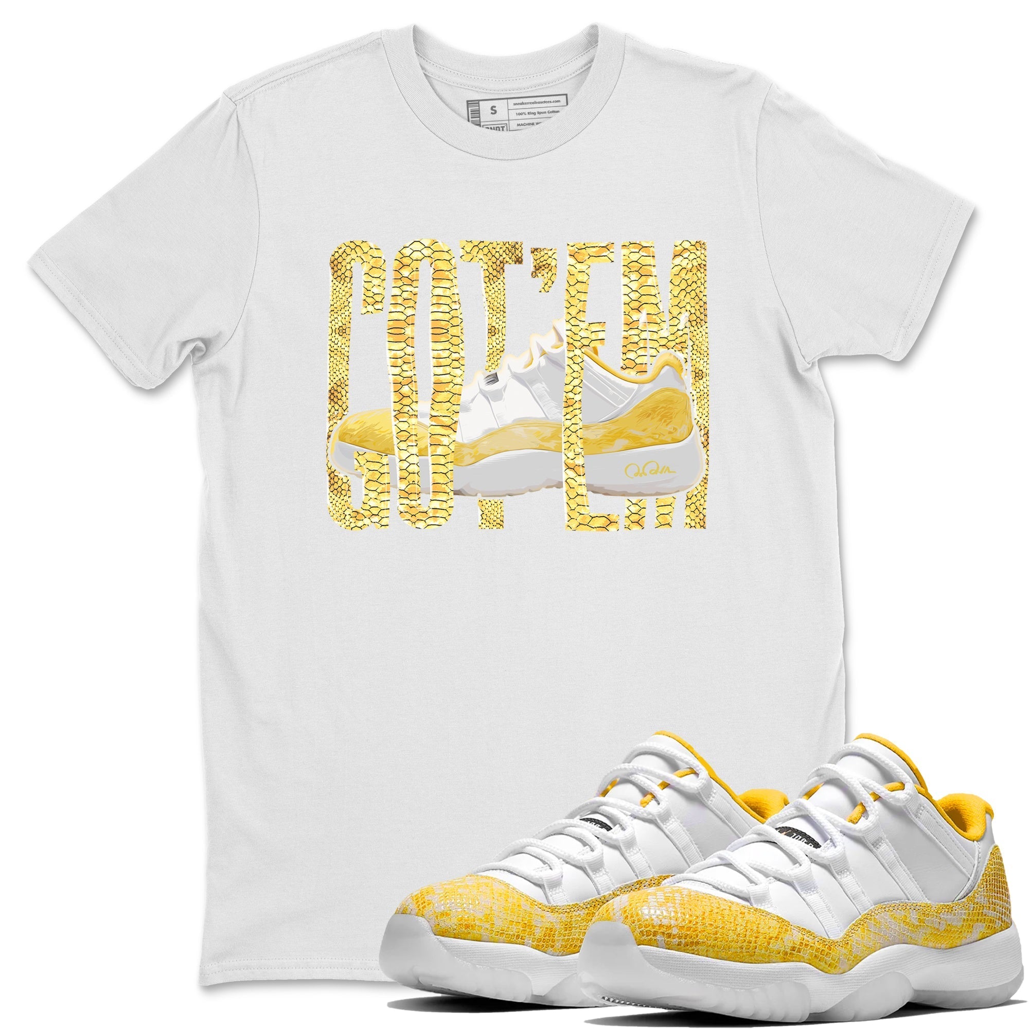 Air Jordan 11 Yellow Python Sneaker Match Tees Wiggling Gotem Streetwear Sneaker Shirt AJ11 Yellow Python Sneaker Release Tees Unisex Shirts White 1