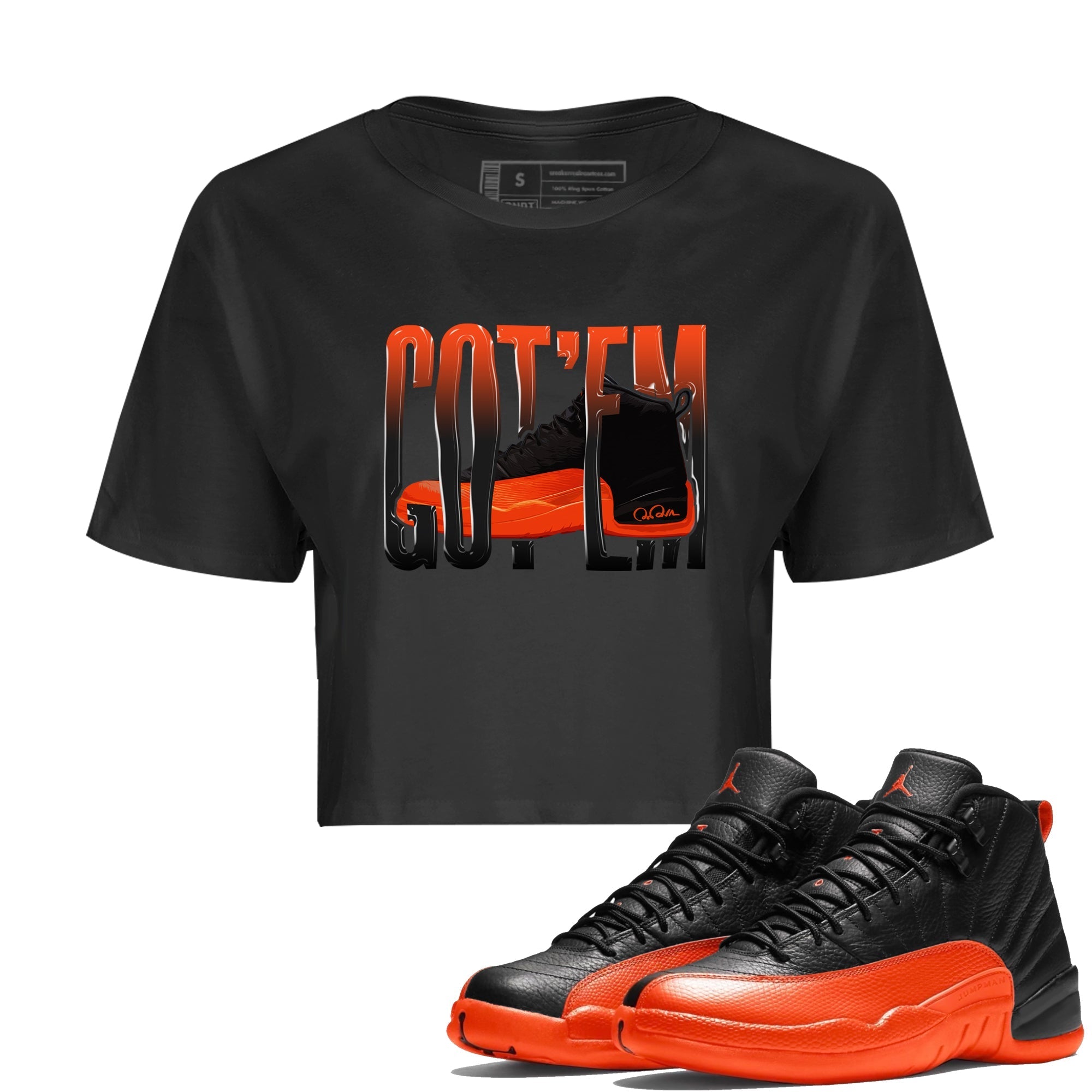 Air Jordan 12 Brilliant Orange Sneaker Match Tees Wiggling Gotem Streetwear Sneaker Shirt AJ12 Brilliant Orange Sneaker Release Tees Women's Shirts Black 1