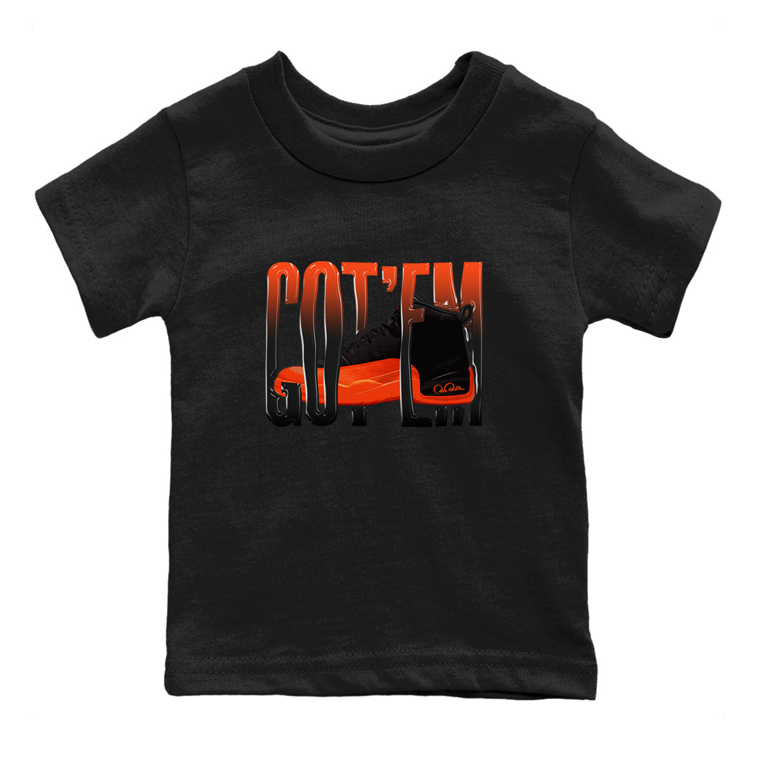 Air Jordan 12 Brilliant Orange Sneaker Match Tees Wiggling Gotem Streetwear Sneaker Shirt AJ12 Brilliant Orange Sneaker Release Tees Kids Shirts Black 2