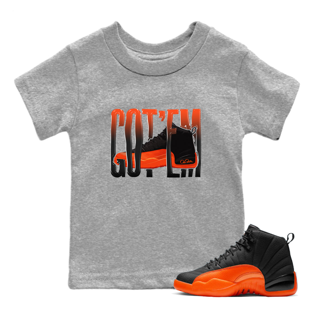 Air Jordan 12 Brilliant Orange Wiggling Gotem Baby and Kids Streetwear Sneaker Shirt AJ12 Brilliant Orange Kids Streetwear Sneaker Shirt Size Chart