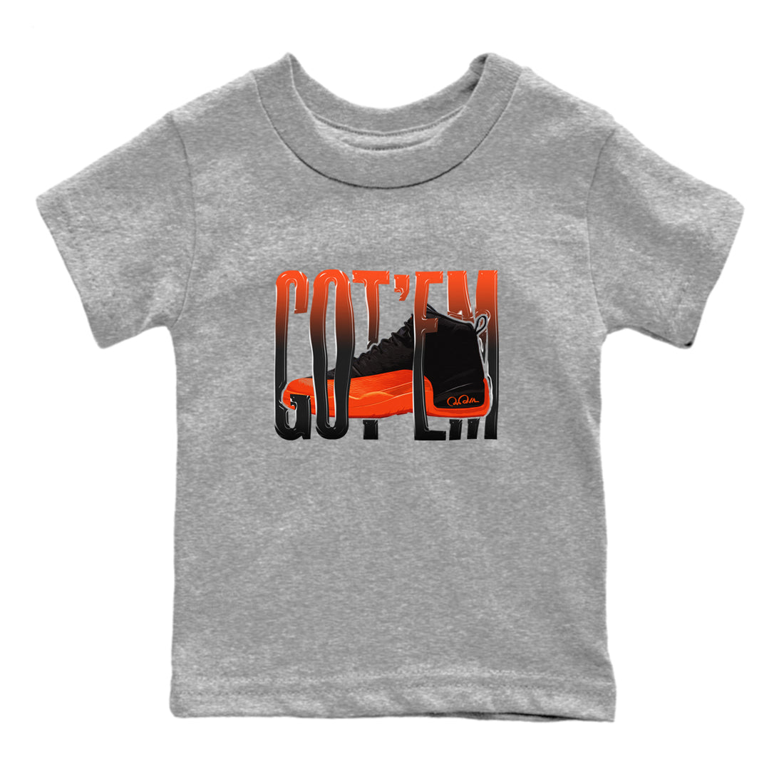 Air Jordan 12 Brilliant Orange Sneaker Match Tees Wiggling Gotem Streetwear Sneaker Shirt AJ12 Brilliant Orange Sneaker Release Tees Kids Shirts Heather Grey 2