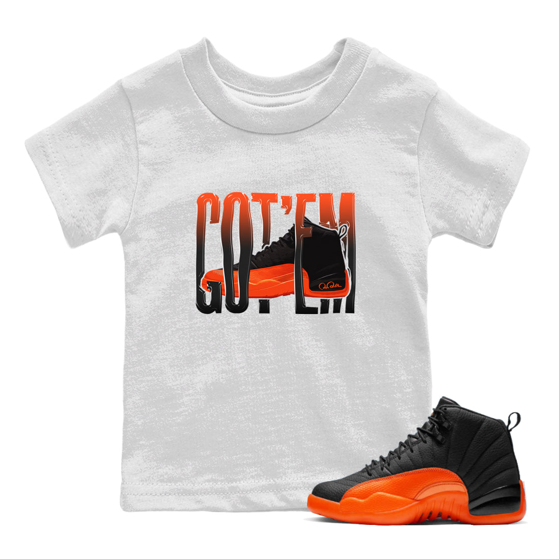 Air Jordan 12 Brilliant Orange Sneaker Match Tees Wiggling Gotem Streetwear Sneaker Shirt AJ12 Brilliant Orange Sneaker Release Tees Kids Shirts White 1