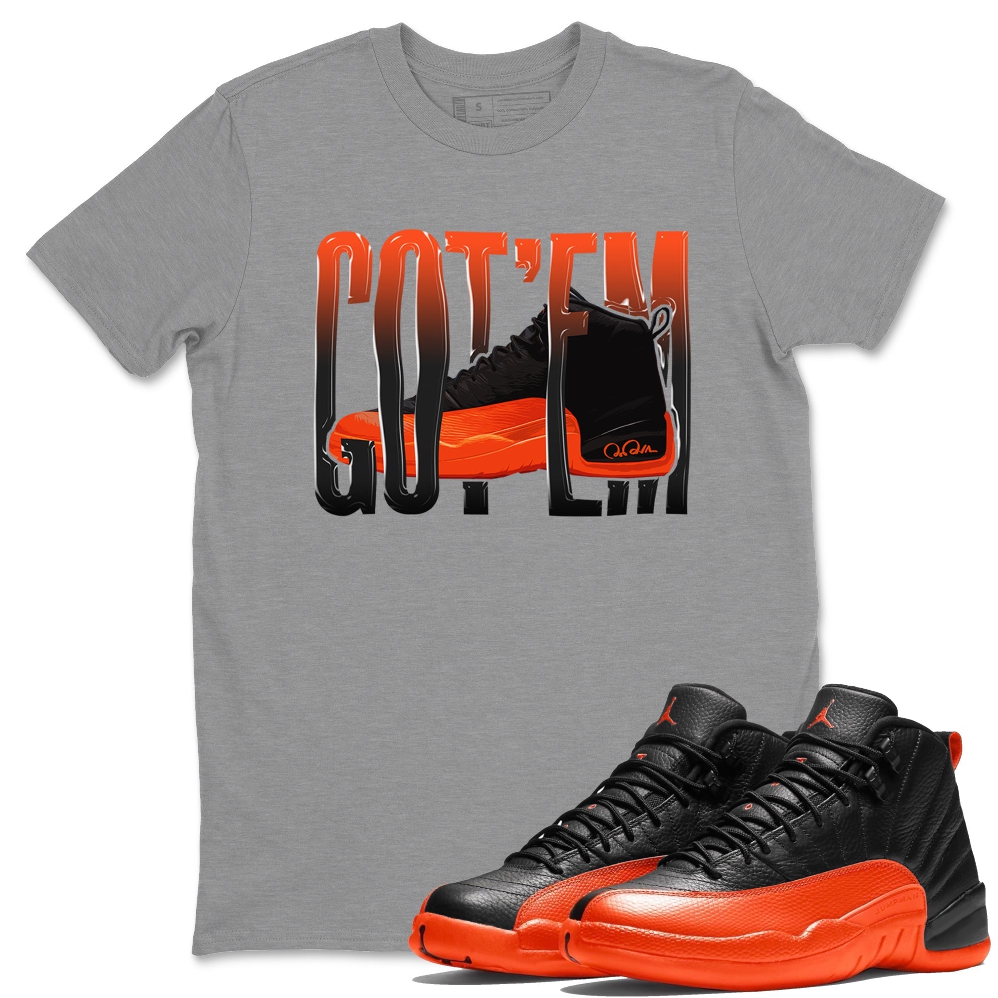 Air Jordan 12 Brilliant Orange Wiggling Gotem Crew Neck Streetwear Sneaker Shirt AJ12 Brilliant Orange Sneaker T-Shirts Size Chart