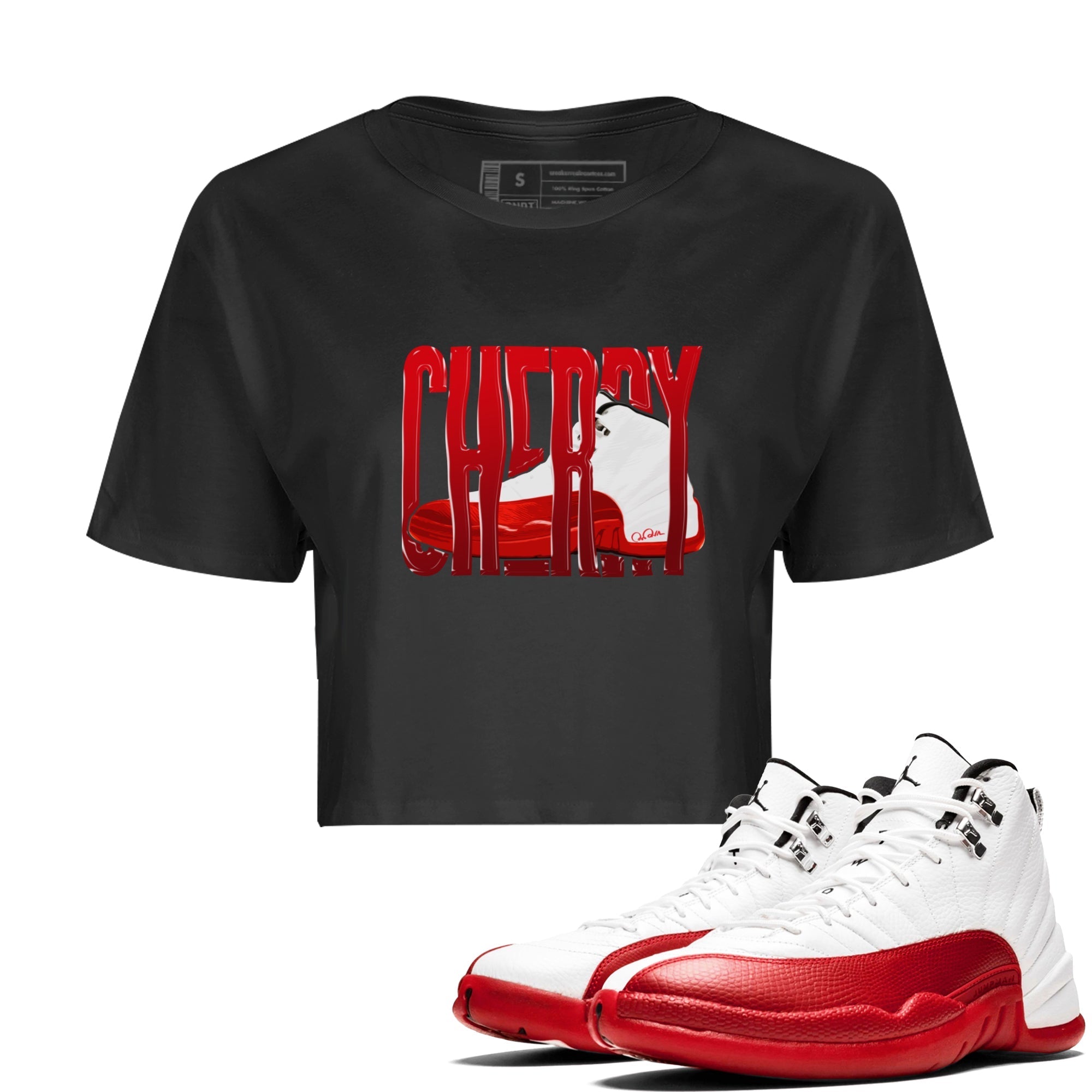 Air Jordan 12 Cherry Sneaker Match Tees Wiggling Gotem Streetwear Sneaker Shirt AJ12 Cherry Sneaker Release Tees Women's Shirts Black 1