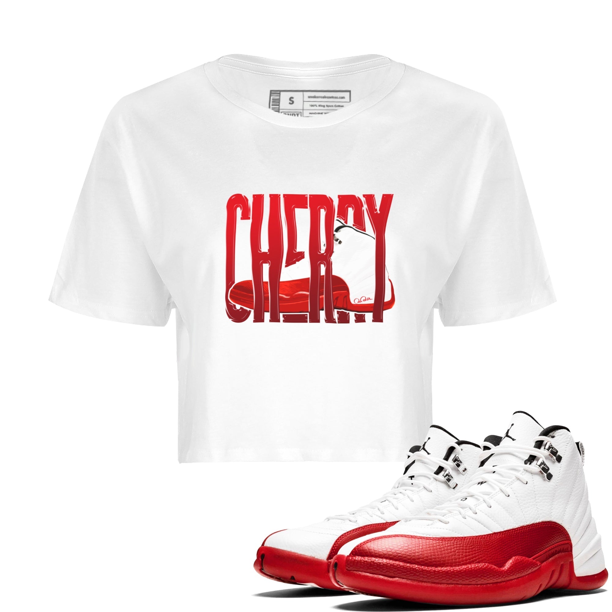 Air Jordan 12 Cherry Sneaker Match Tees Wiggling Gotem Streetwear Sneaker Shirt AJ12 Cherry Sneaker Release Tees Women's Shirts White 1