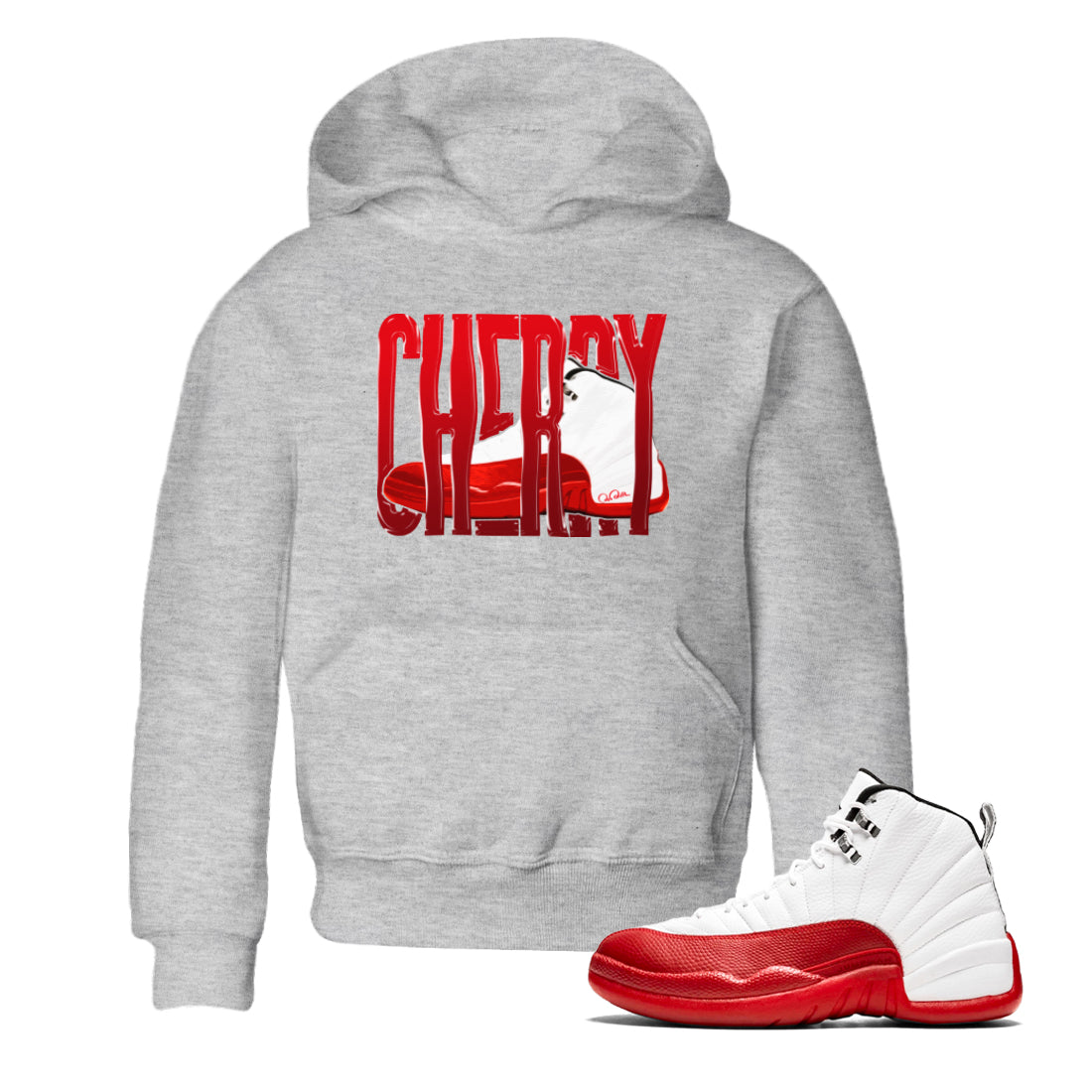 Air Jordan 12 Cherry Sneaker Match Tees Wiggling Gotem Streetwear Sneaker Shirt AJ12 Cherry Sneaker Release Tees Kids Shirts Heather Grey 1