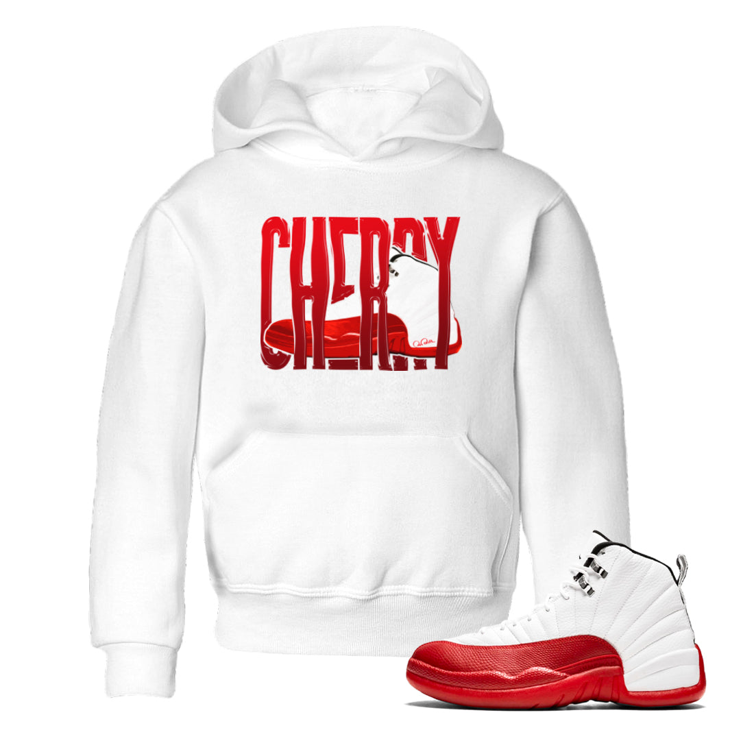 Air Jordan 12 Cherry Sneaker Match Tees Wiggling Gotem Streetwear Sneaker Shirt AJ12 Cherry Sneaker Release Tees Kids Shirts White 1