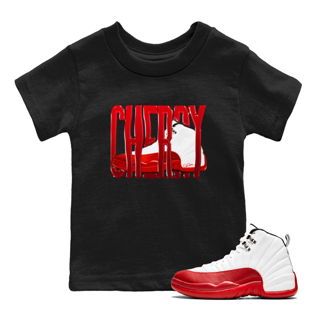 Air Jordan 12 Cherry Sneaker Match Tees Wiggling Gotem Streetwear Sneaker Shirt AJ12 Cherry Sneaker Release Tees Kids Shirts Black 1