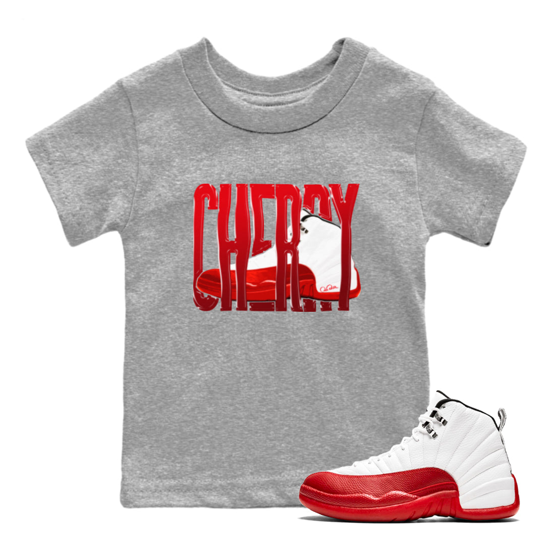 Air Jordan 12 Cherry Sneaker Match Tees Wiggling Gotem Streetwear Sneaker Shirt AJ12 Cherry Sneaker Release Tees Kids Shirts Heather Grey 1