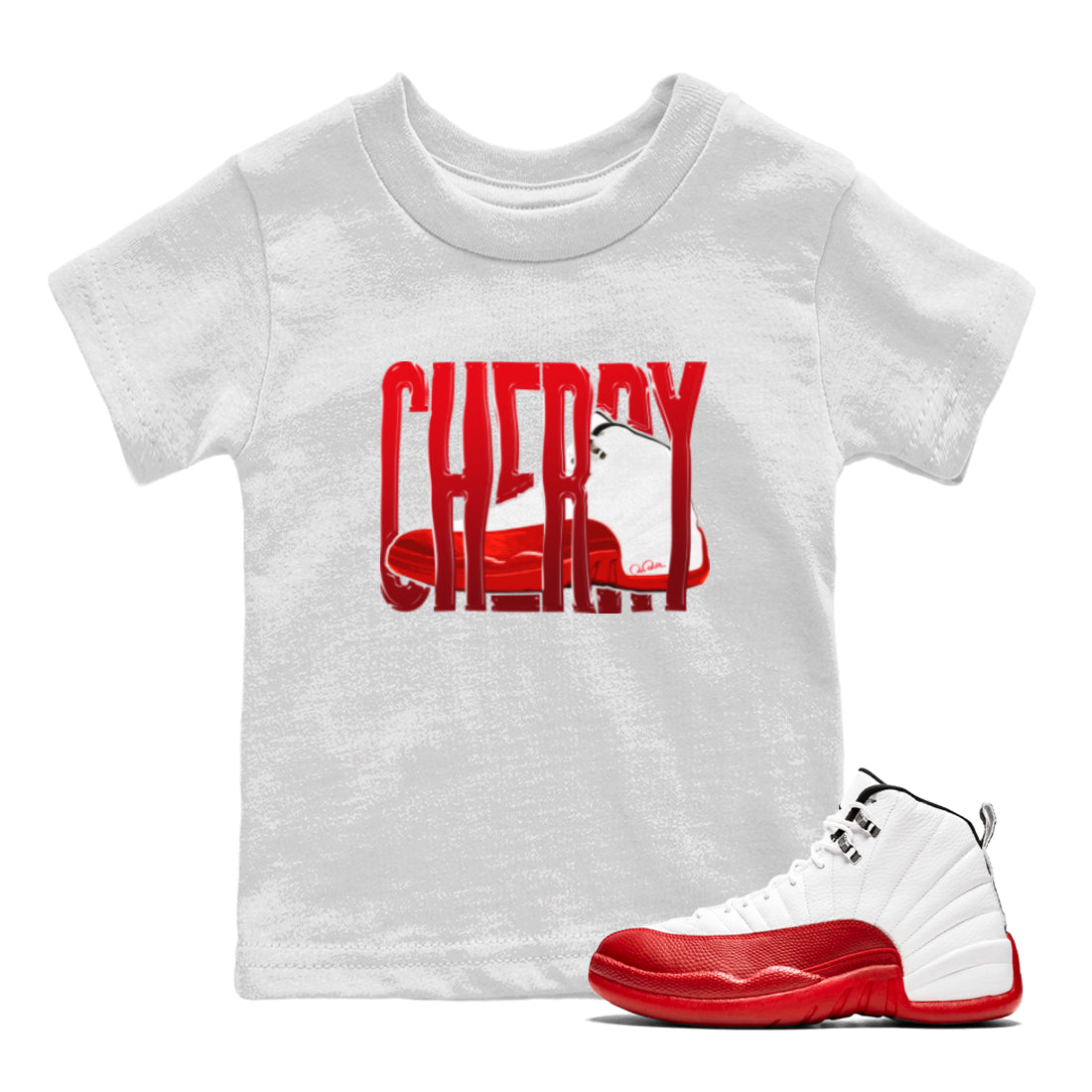 Air Jordan 12 Cherry Sneaker Match Tees Wiggling Gotem Streetwear Sneaker Shirt AJ12 Cherry Sneaker Release Tees Kids Shirts White 1
