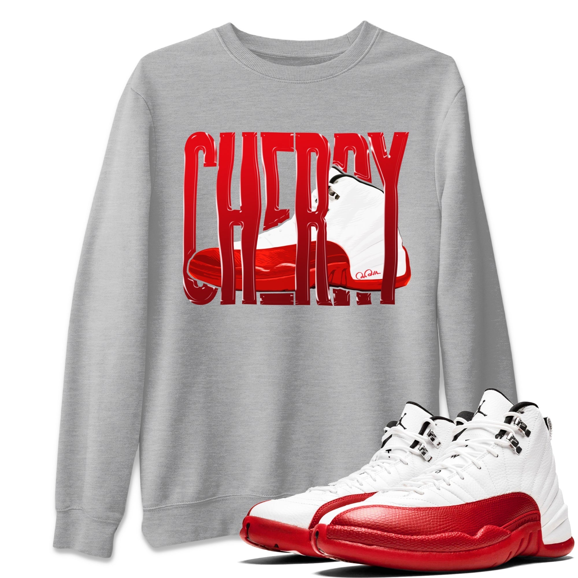 Air Jordan 12 Cherry Sneaker Match Tees Wiggling Gotem Streetwear Sneaker Shirt AJ12 Cherry Sneaker Release Tees Unisex Shirts Heather Grey 1