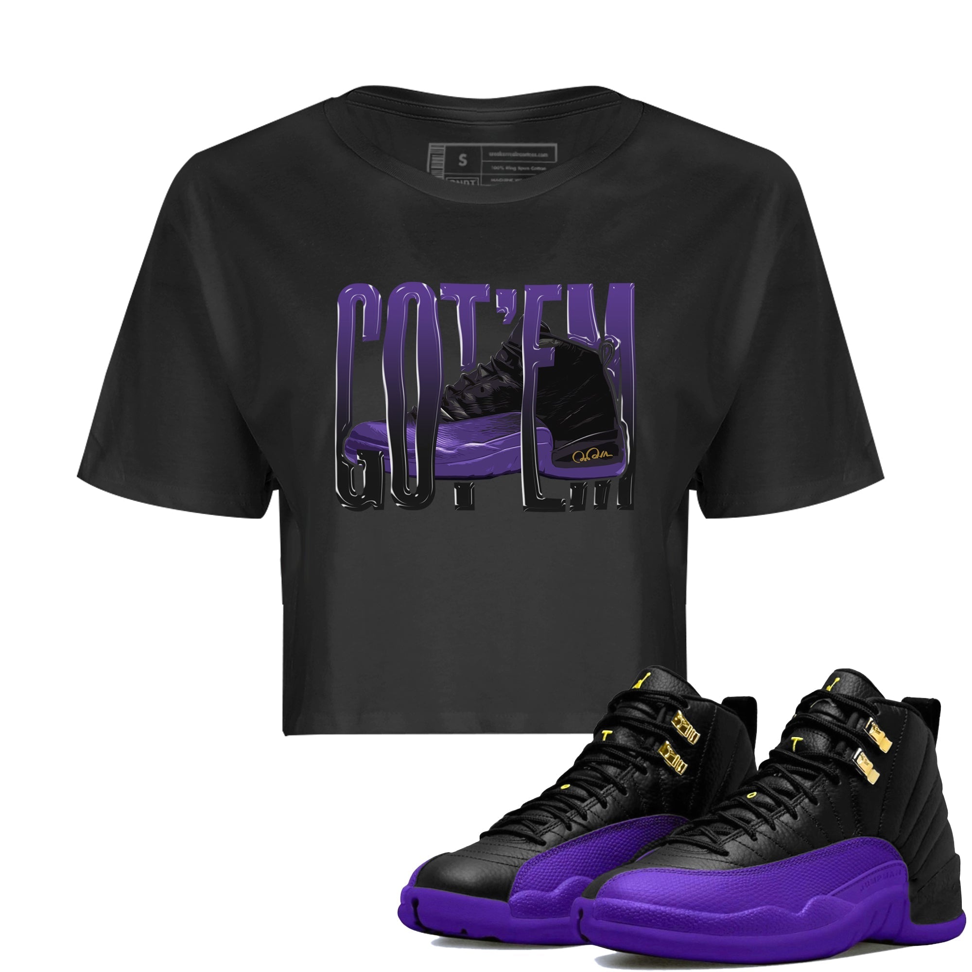 Air Jordan 12 Field Purple Sneaker Match Tees Wiggling Gotem Streetwear Sneaker Shirt AJJordan 12 Lakers Sneaker Release Tees Women's Shirts Black 1