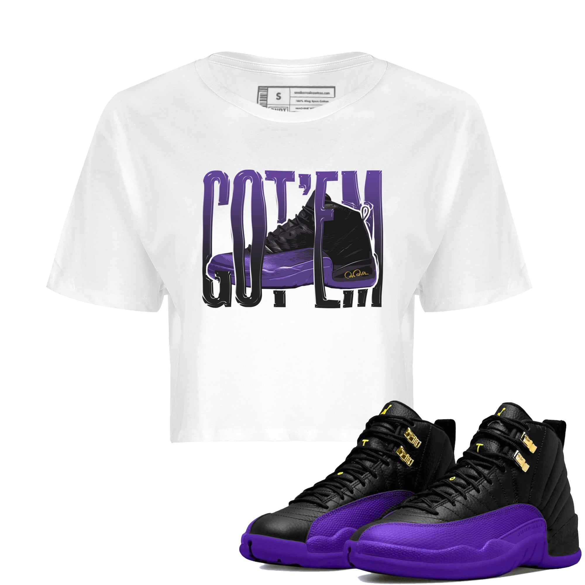Air Jordan 12 Field Purple Sneaker Match Tees Wiggling Gotem Streetwear Sneaker Shirt AJJordan 12 Lakers Sneaker Release Tees Women's Shirts White 1