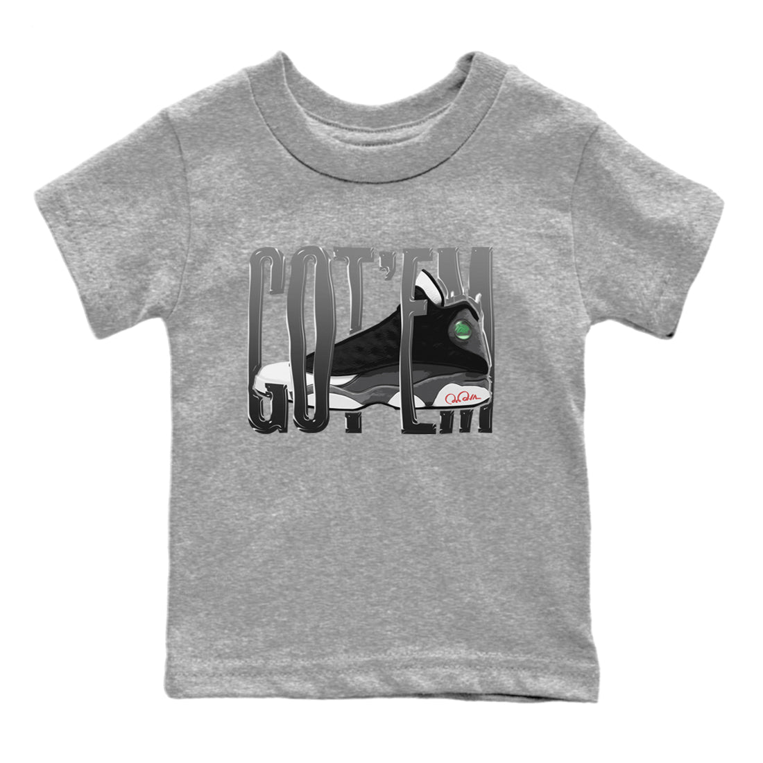 Air Jordan 13 Black Flint Sneaker Match Tees Wiggling Gotem Streetwear Sneaker Shirt AJ13 Retro Black Flint Sneaker Release Tees Kids Shirts Heather Grey 2